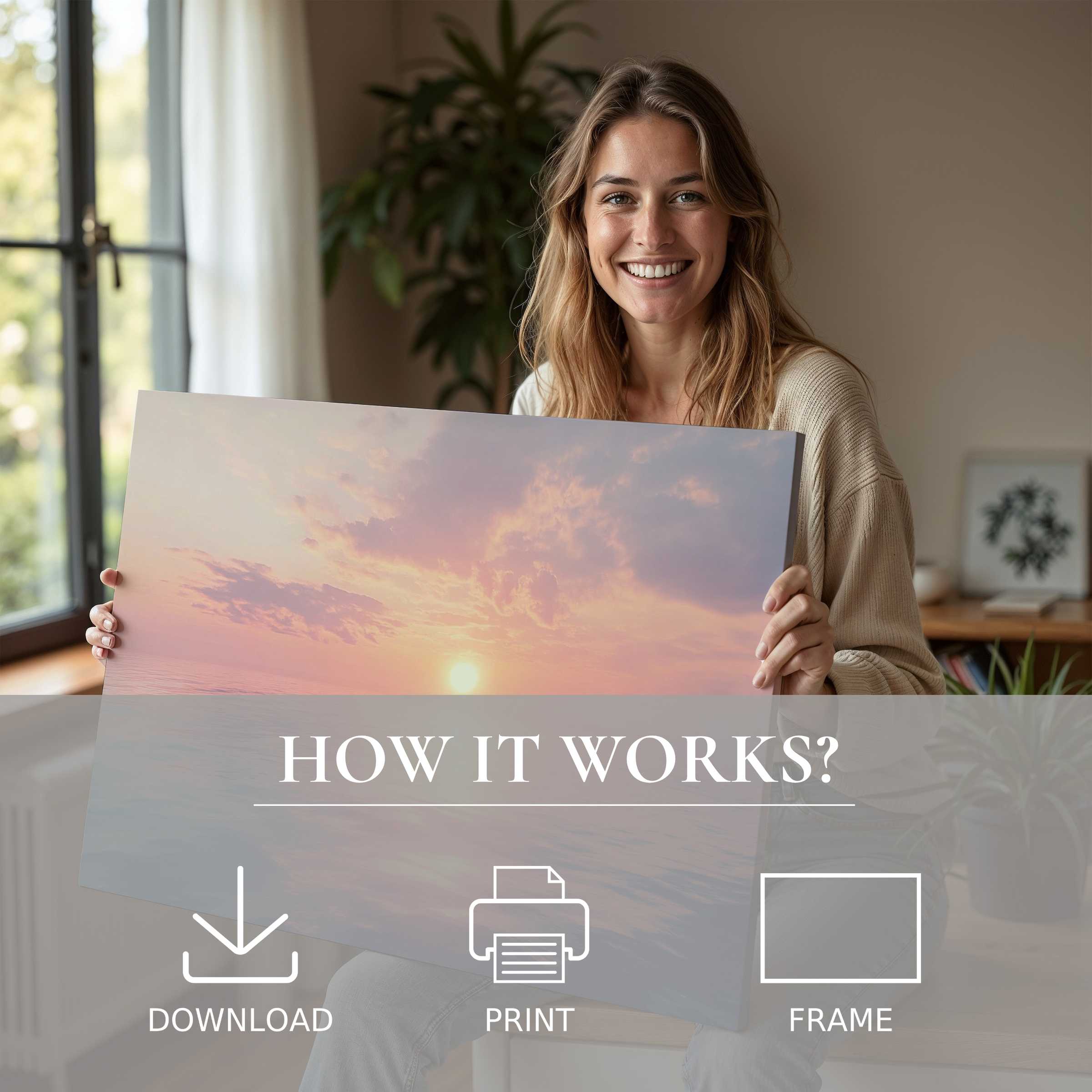 A radiant moment of joy in a modern home, showcasing a landscape digital art print that transforms space with serene warmth