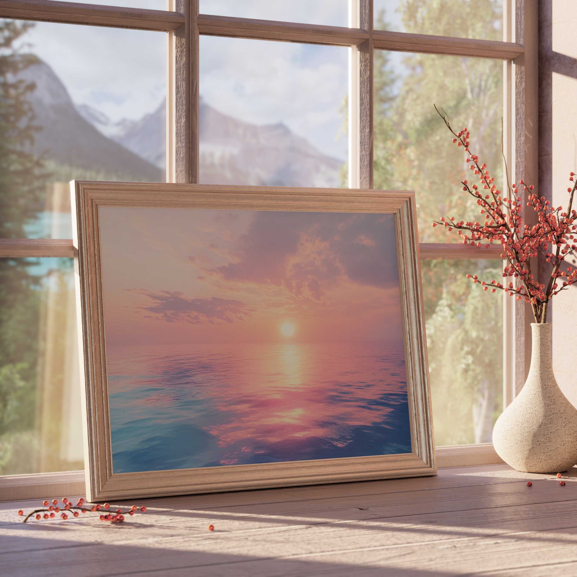 Tranquil landscape downloadable art capturing a luminous sunset over calm ocean waves, perfect for refined, serene interiors