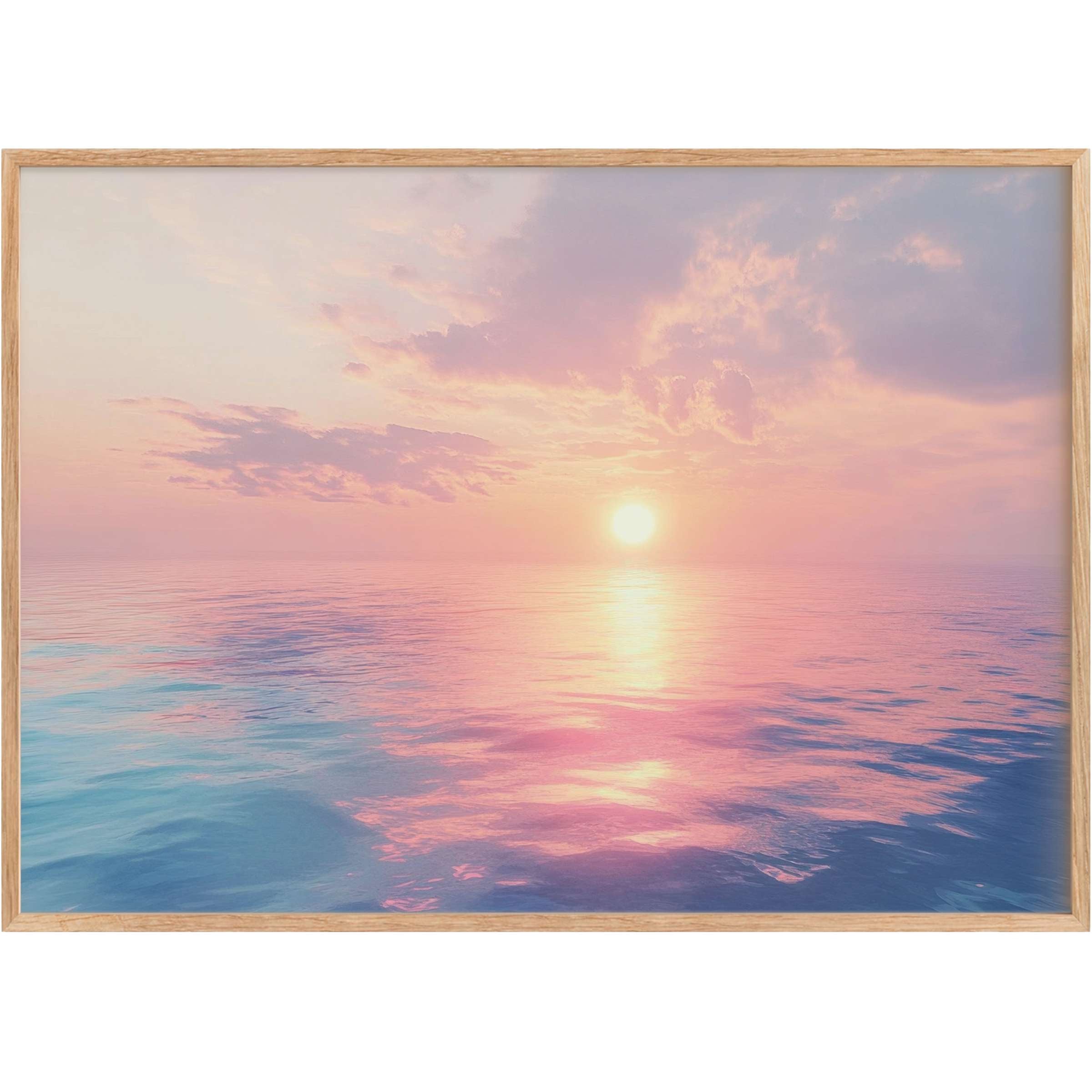 Serene landscape printable wall art captures a radiant sunset over calm waters, blending soft pinks and blues for tranquil elegance