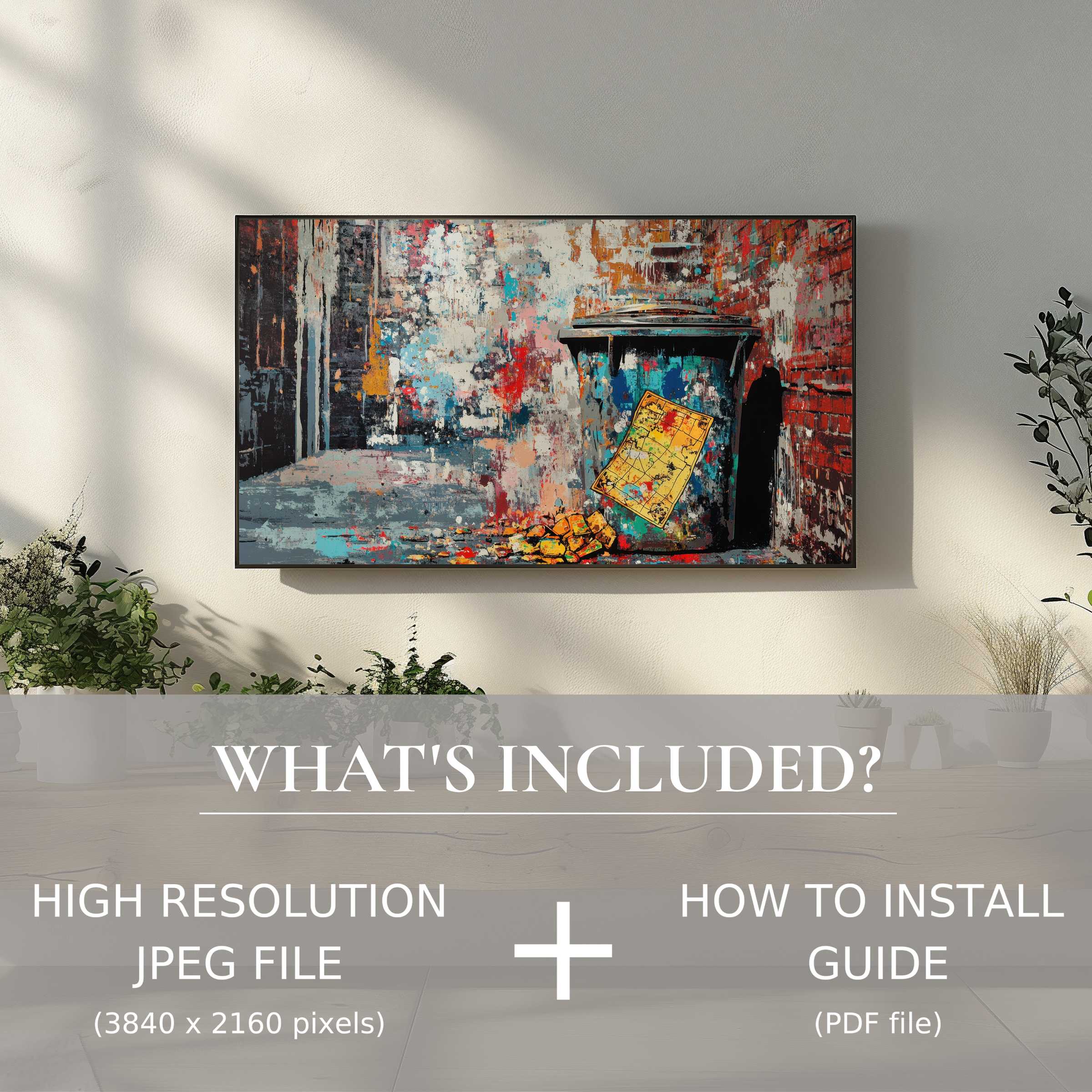 Elegant living space with vibrant street art digital TV art download, easy to use, enhances modern decor effortlessly