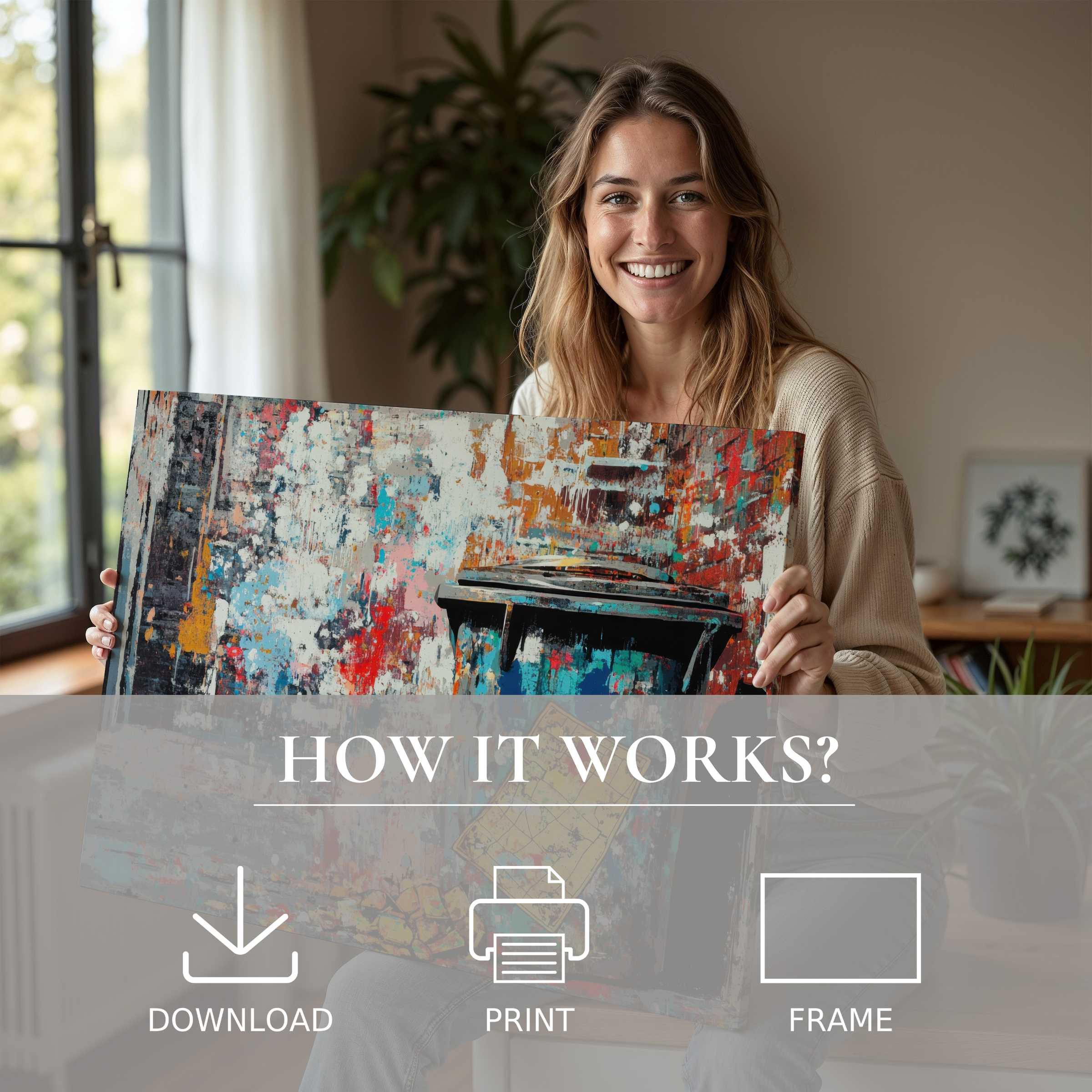 A radiant woman in a modern, sunlit home embraces a vibrant street art digital art print, embodying joy and effortless elegance