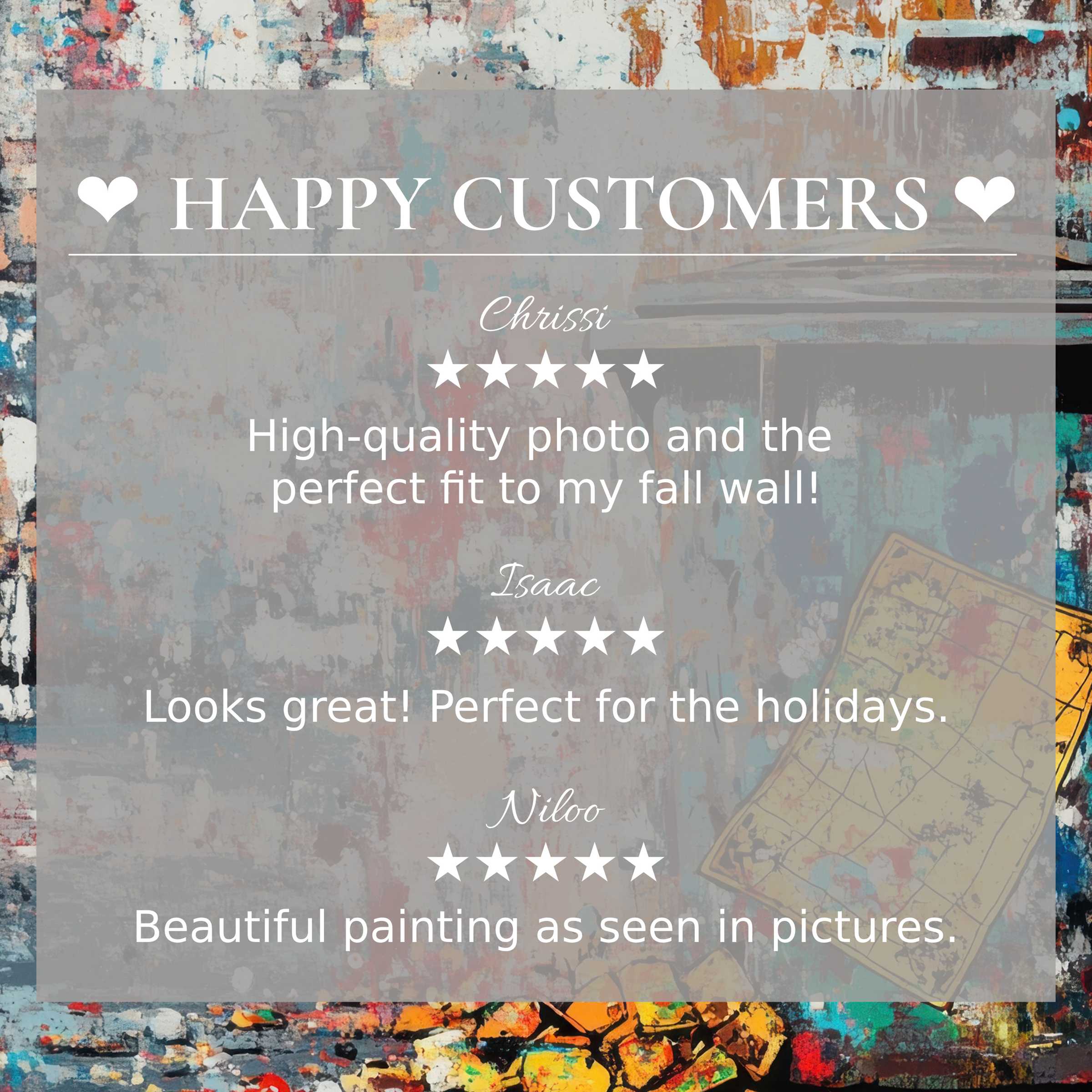 Street art for Frame TV with abstract warm hues; happy customer reviews build trust in this elegant design