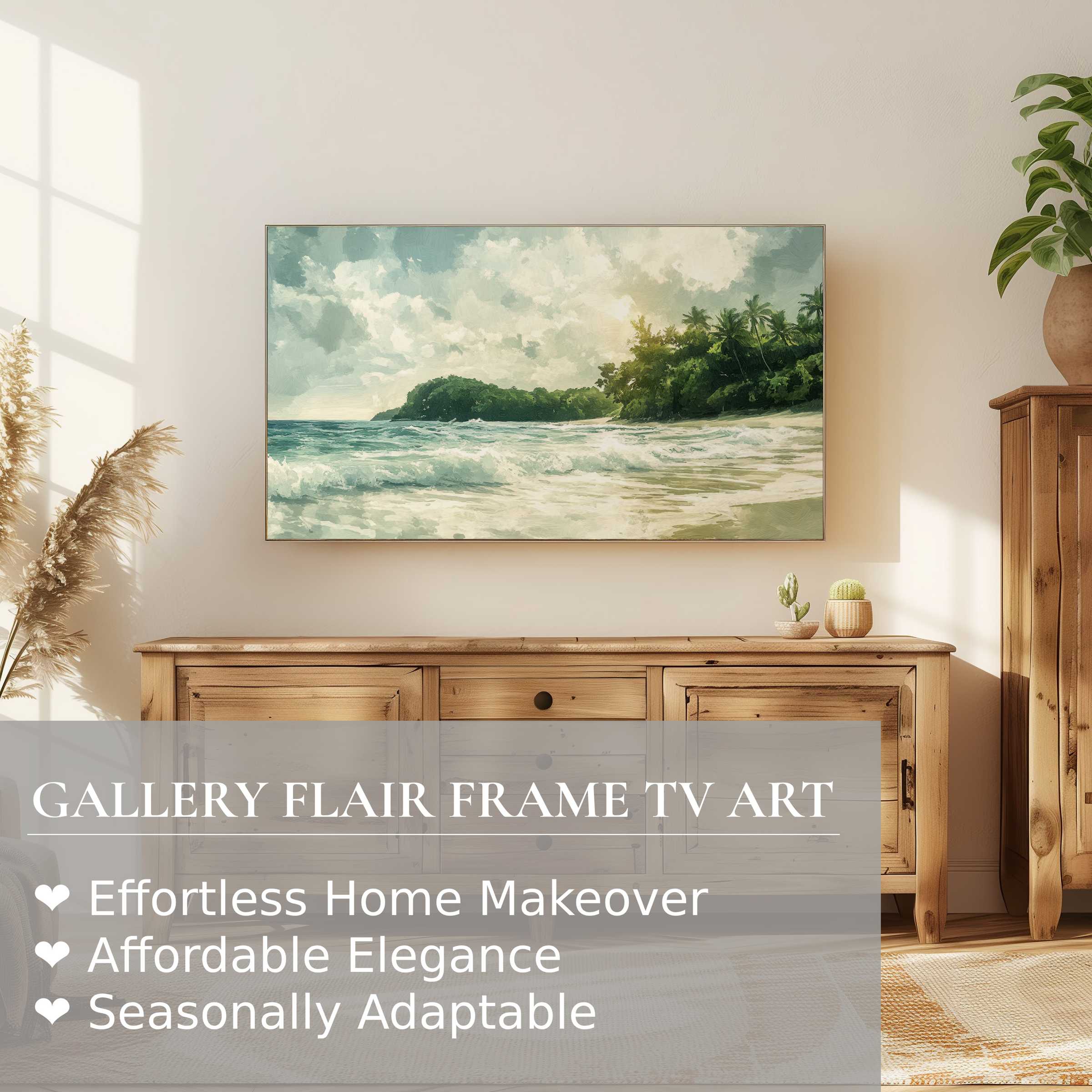 Modern coastal summer digital artwork displayed on Samsung Frame TV in serene, sunlit, elegant living space