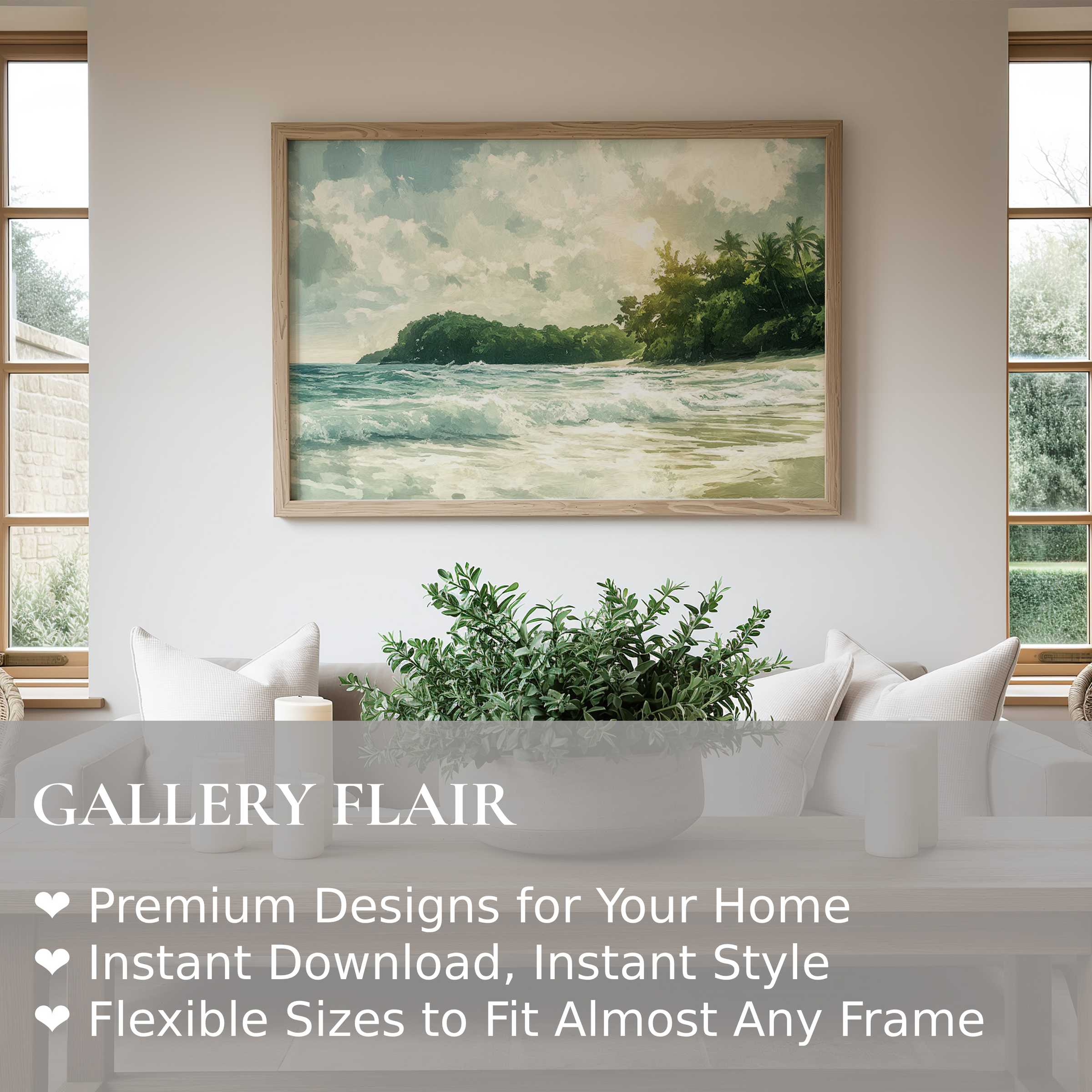 Radiant summer wall art print capturing serene ocean waves and lush greenery, enhancing calming, modern coastal interiors