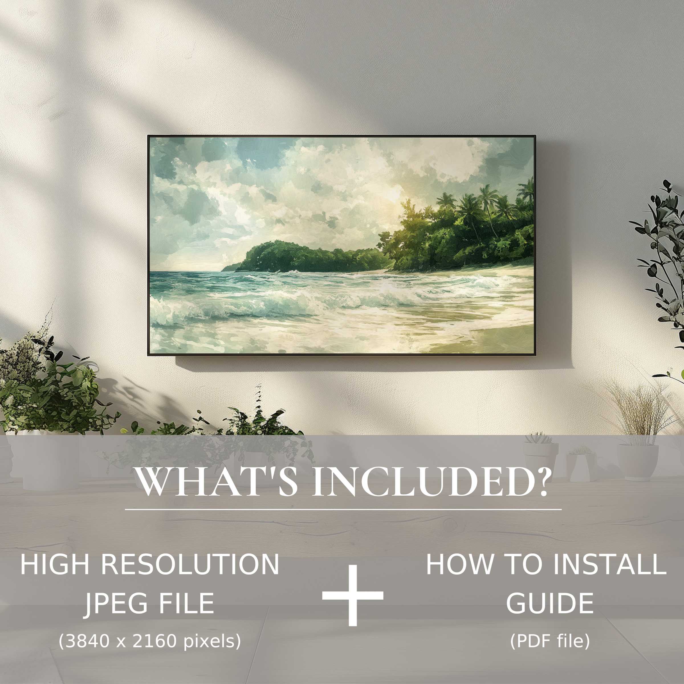 Summer digital TV art download showcasing serene beach waves, easy to use and enhancing modern living spaces