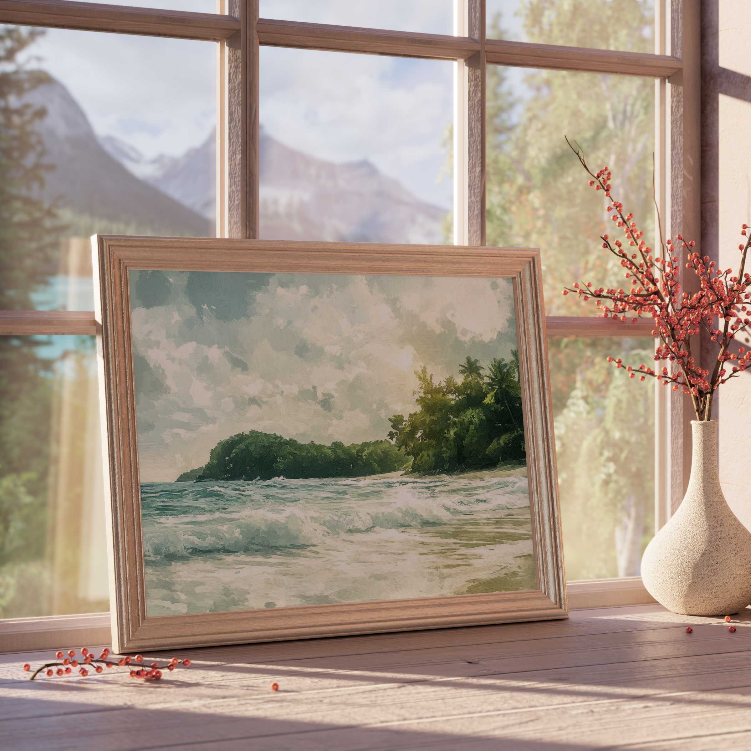 Summer downloadable art capturing serene ocean waves and lush greenery, enhancing tranquil, curated interiors with coastal elegance
