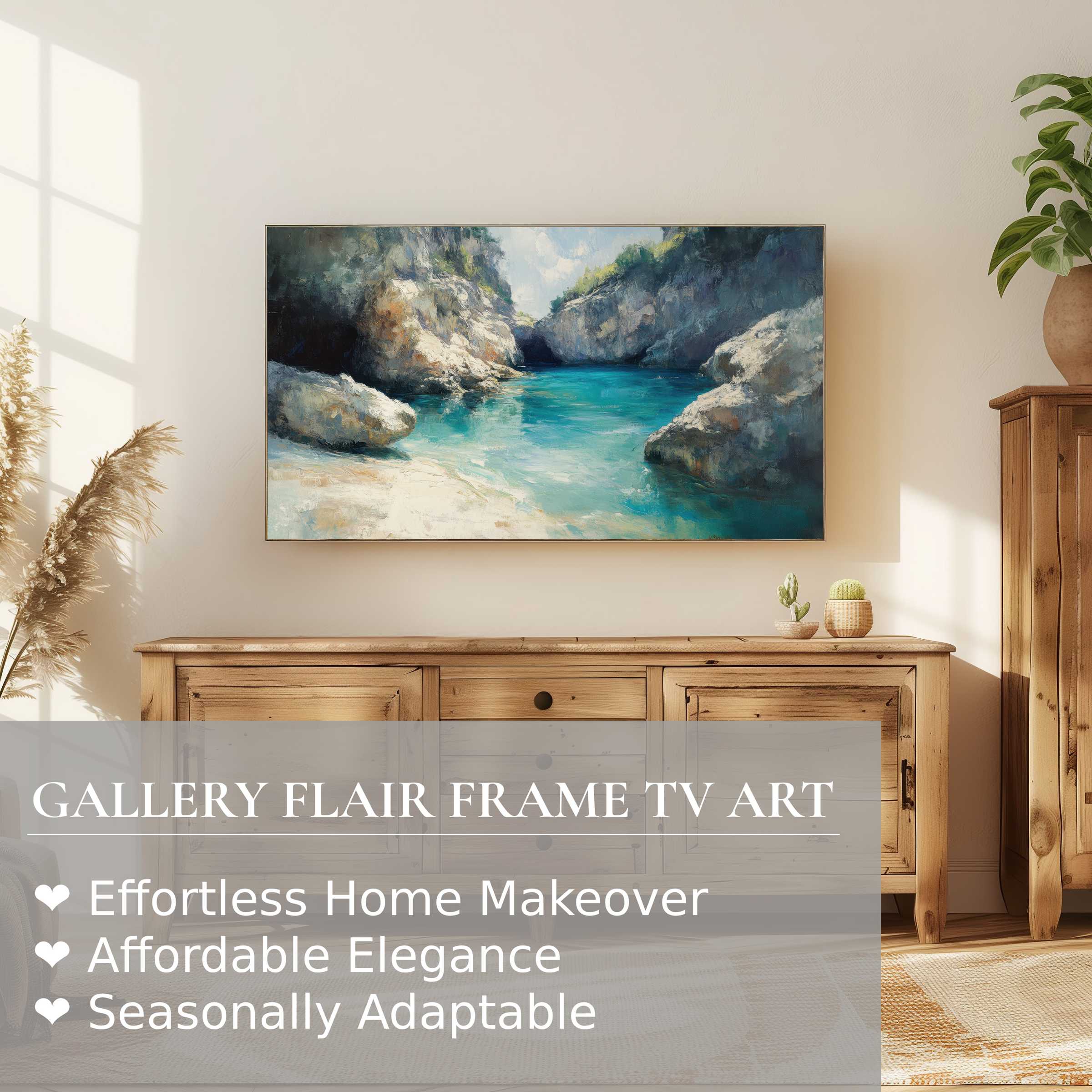 Samsung Frame TV displaying serene beach digital artwork in a sunlit modern room with natural wood decor