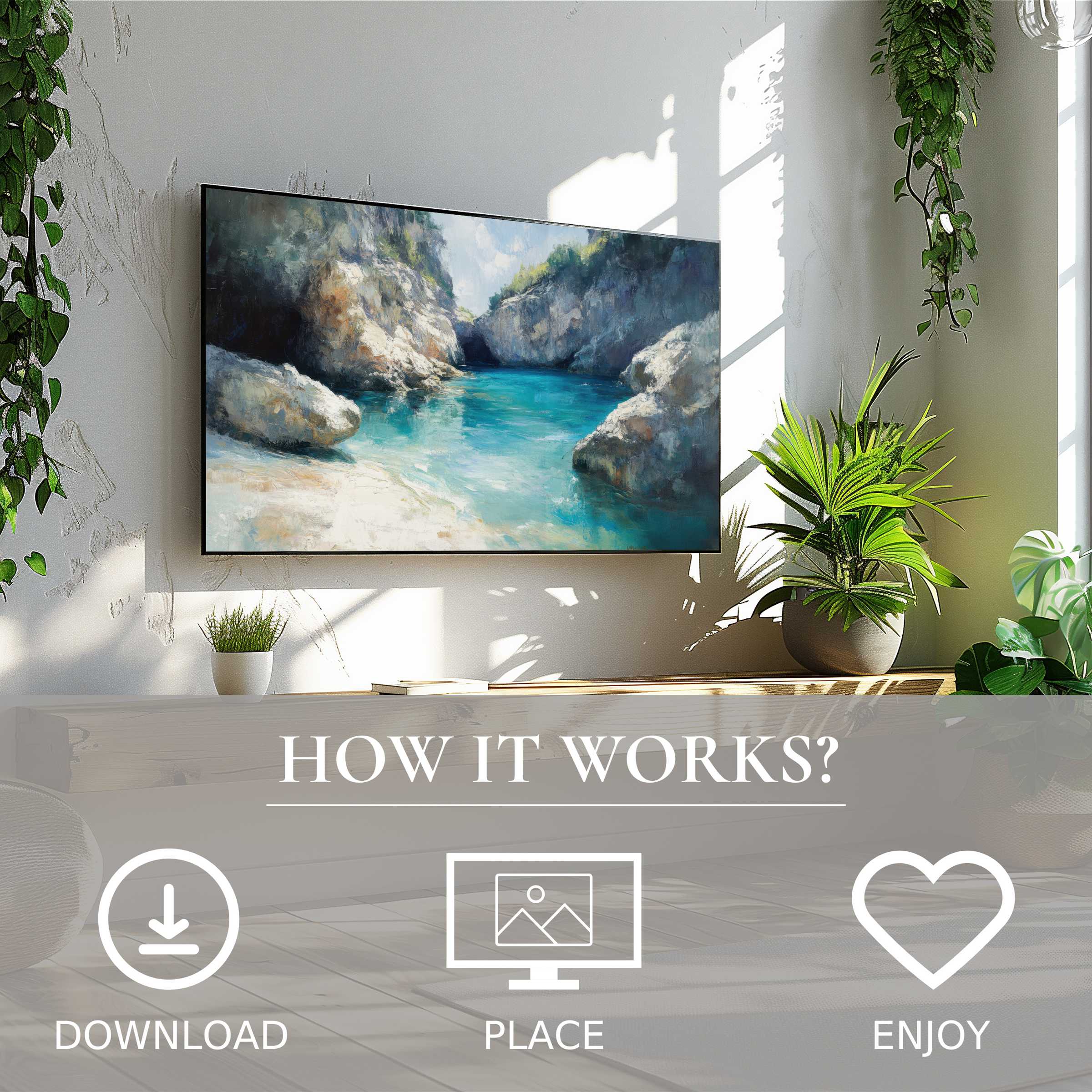 Bright living room with beach art for Samsung TV showing tranquil blue water and rocky shore, easy digital download