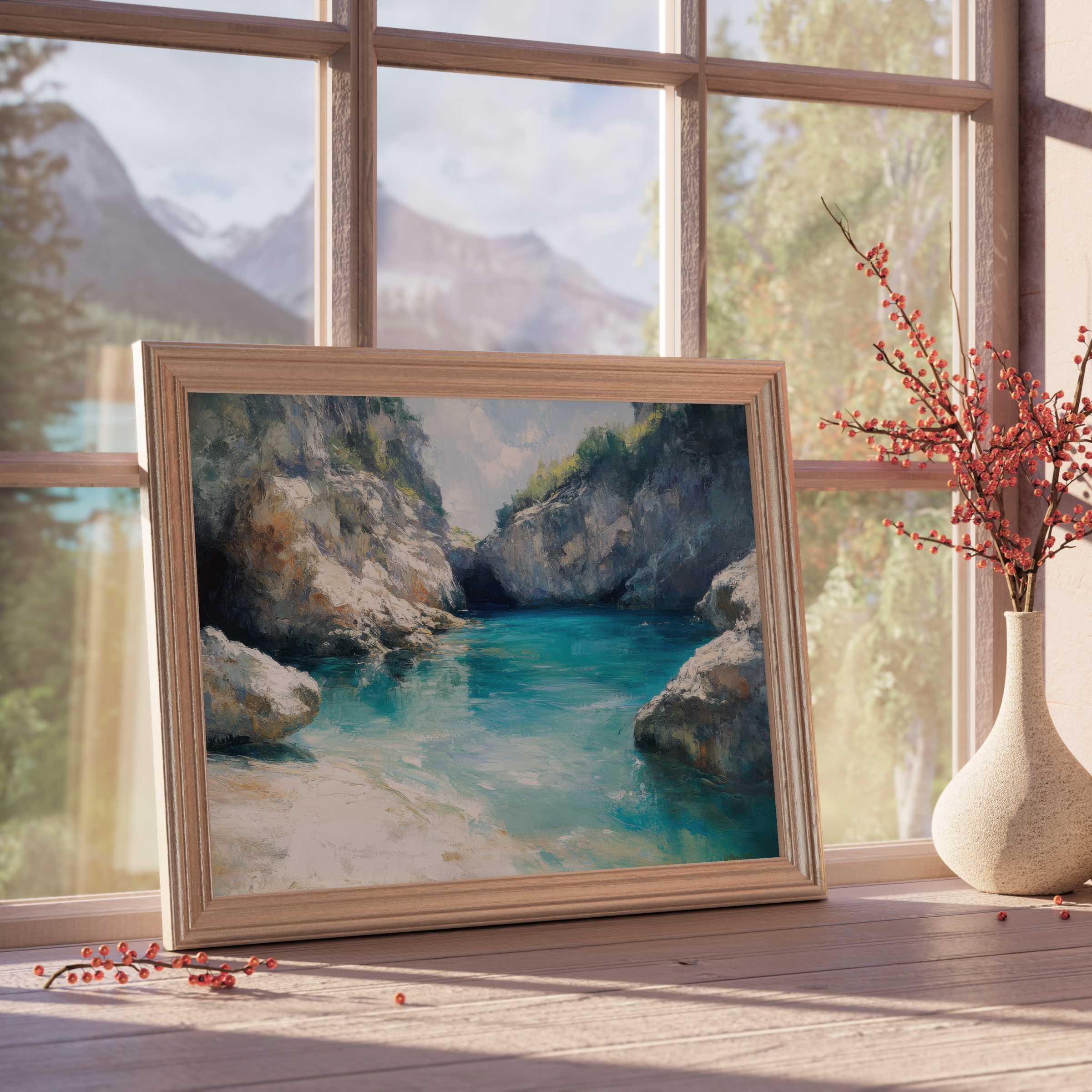 Serene beach downloadable art capturing turquoise coves and sunlit cliffs, elevating tranquil, design-forward interiors with coastal elegance
