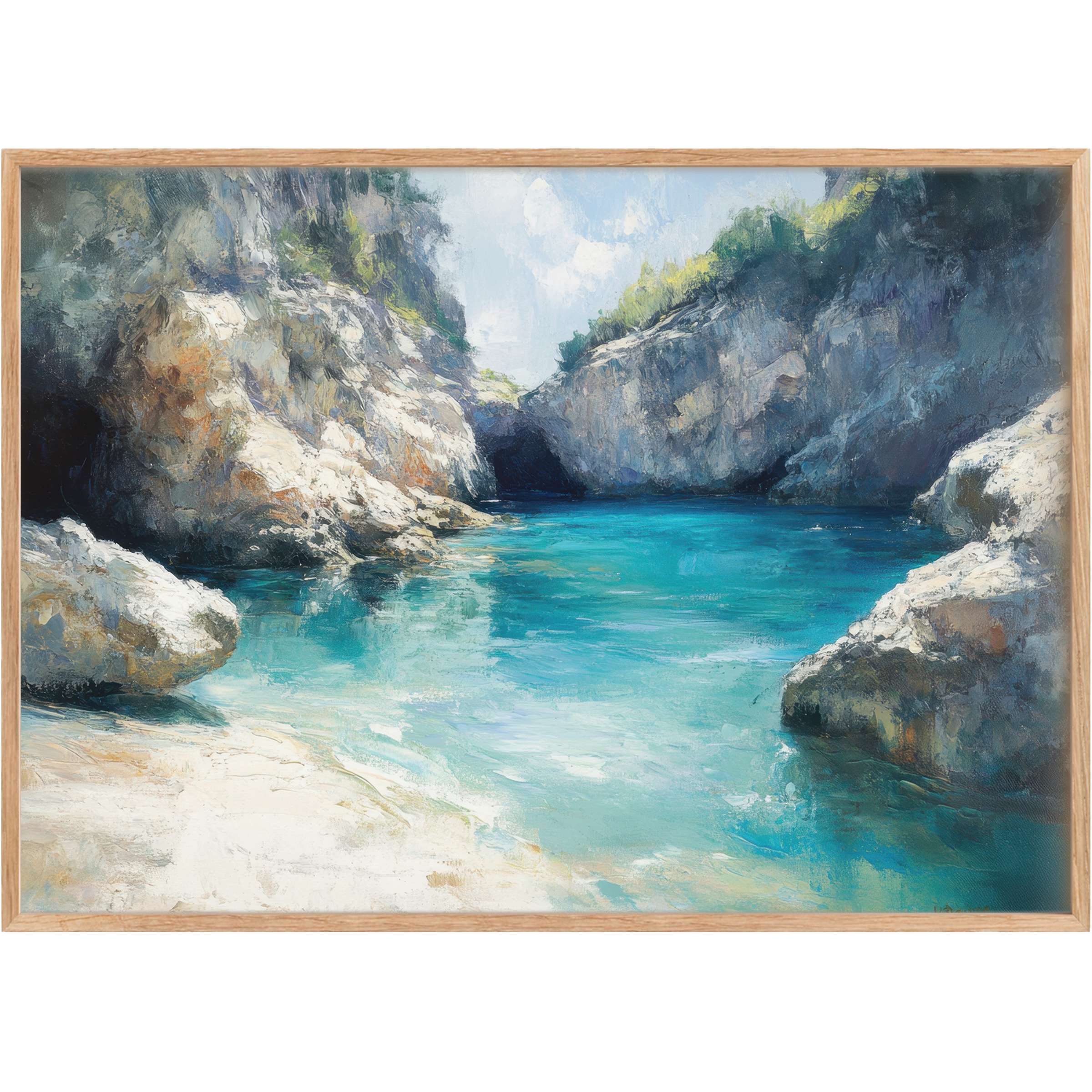 Tranquil beach printable wall art capturing serene turquoise waters embraced by sunlit rocky cliffs, evoking a peaceful coastal retreat