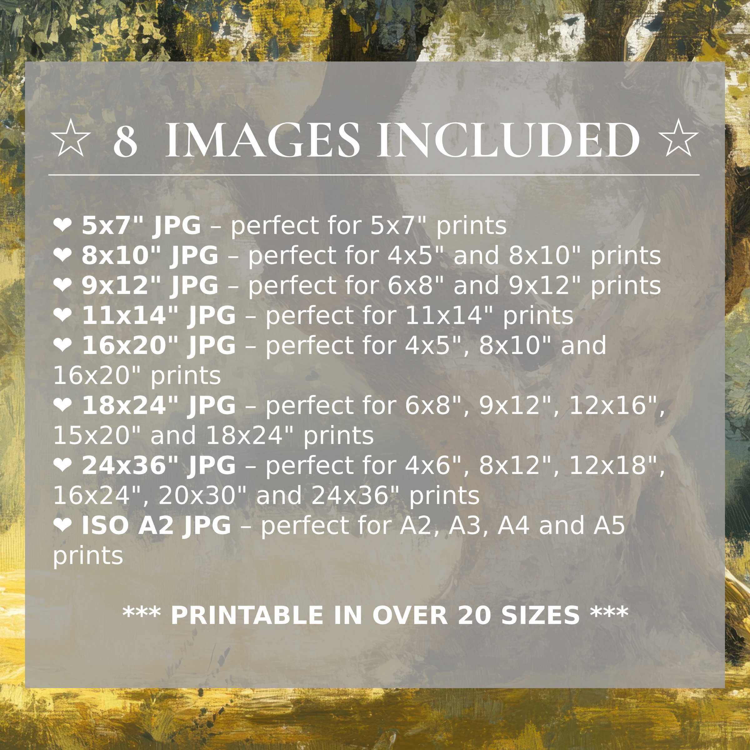 Print size guide showing 8 included JPG formats for versatile wall art printing – perfect for framing in popular sizes from 5x7 to 24x36 and A2