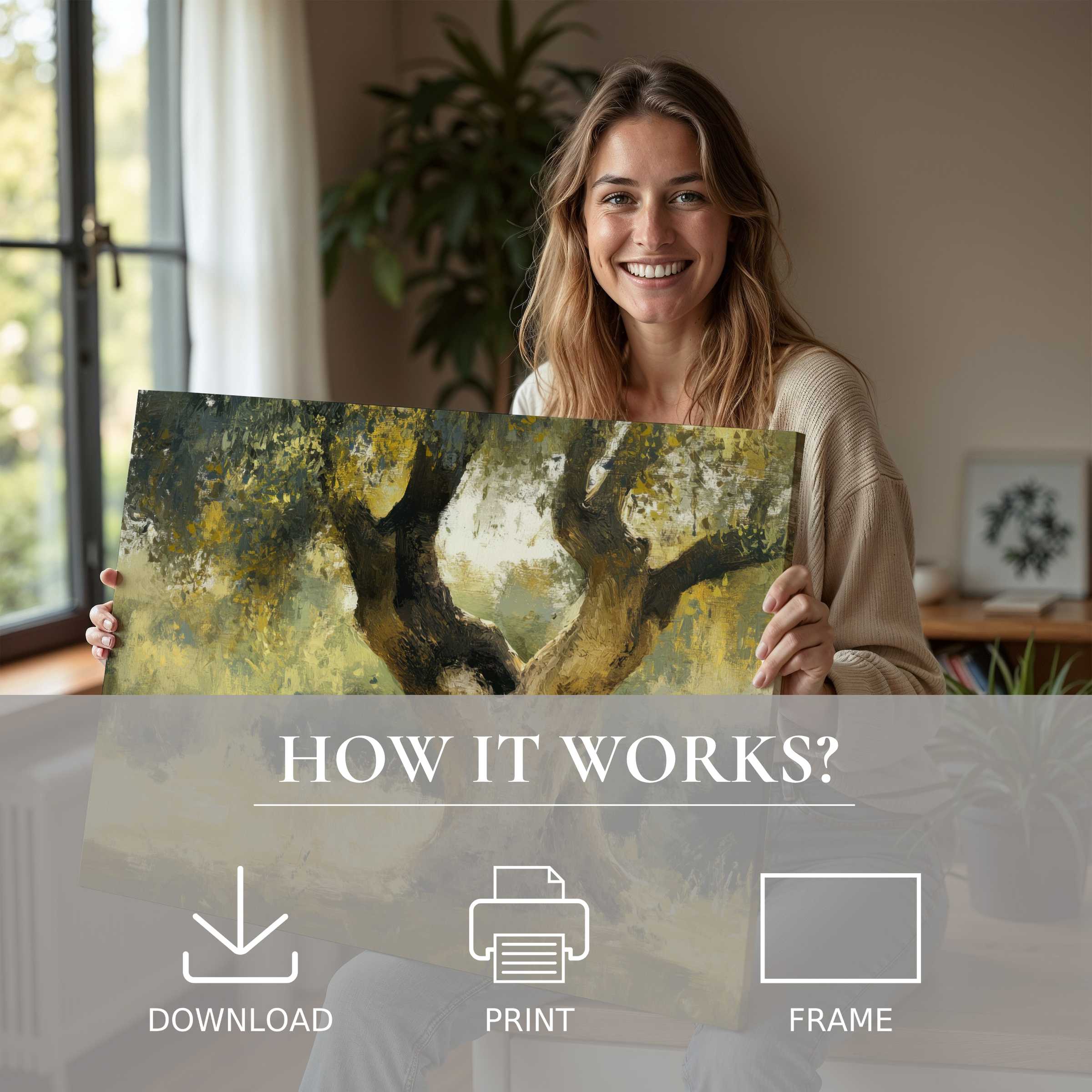 Radiant joy illuminates a modern home as she reveals a tree digital art print, inviting calm and connection through effortless elegance