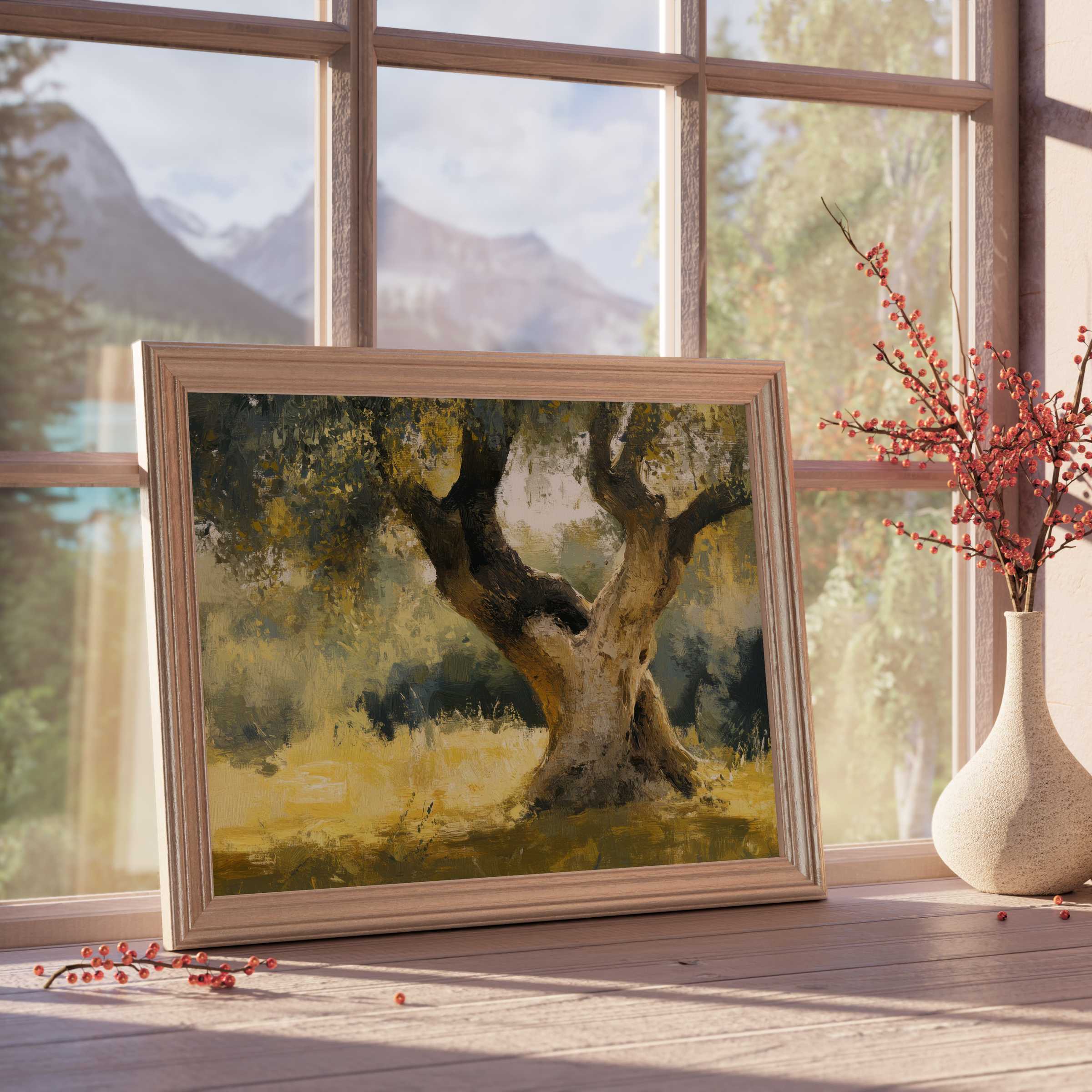 Timeless tree downloadable art capturing serene golden light, perfect for curated, tranquil interiors and elegant wall decor