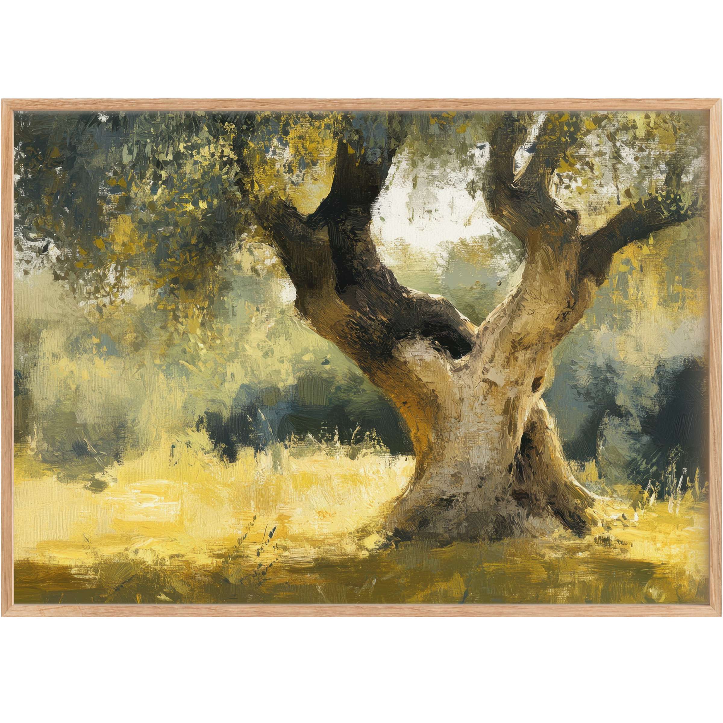 Majestic tree printable wall art in rich gold and olive hues evokes a serene, sunlit sanctuary for refined living spaces