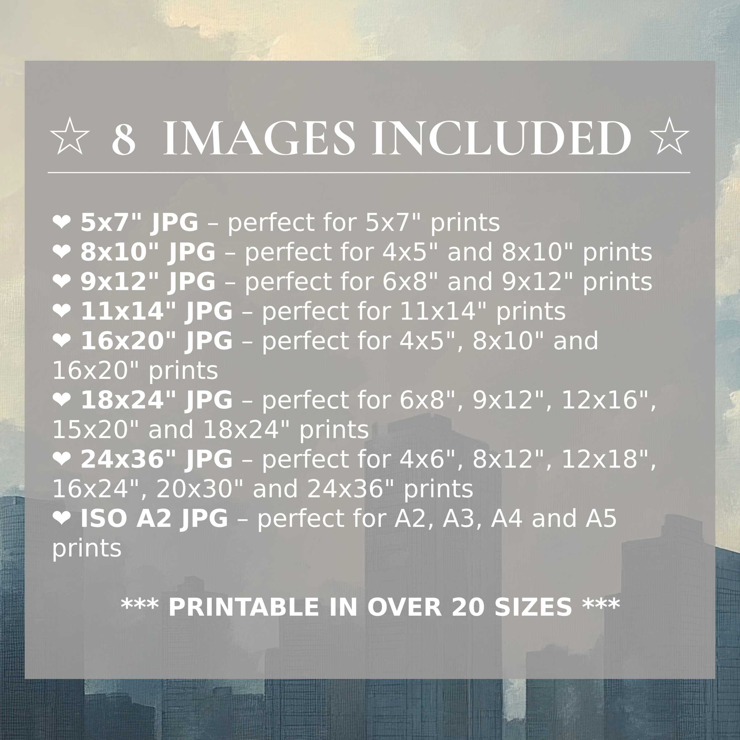 Urban digital print with calming blue and gray tones evokes serene cityscapes, elevating modern interiors with style and flexibility; includes 8 high-quality sizes with download