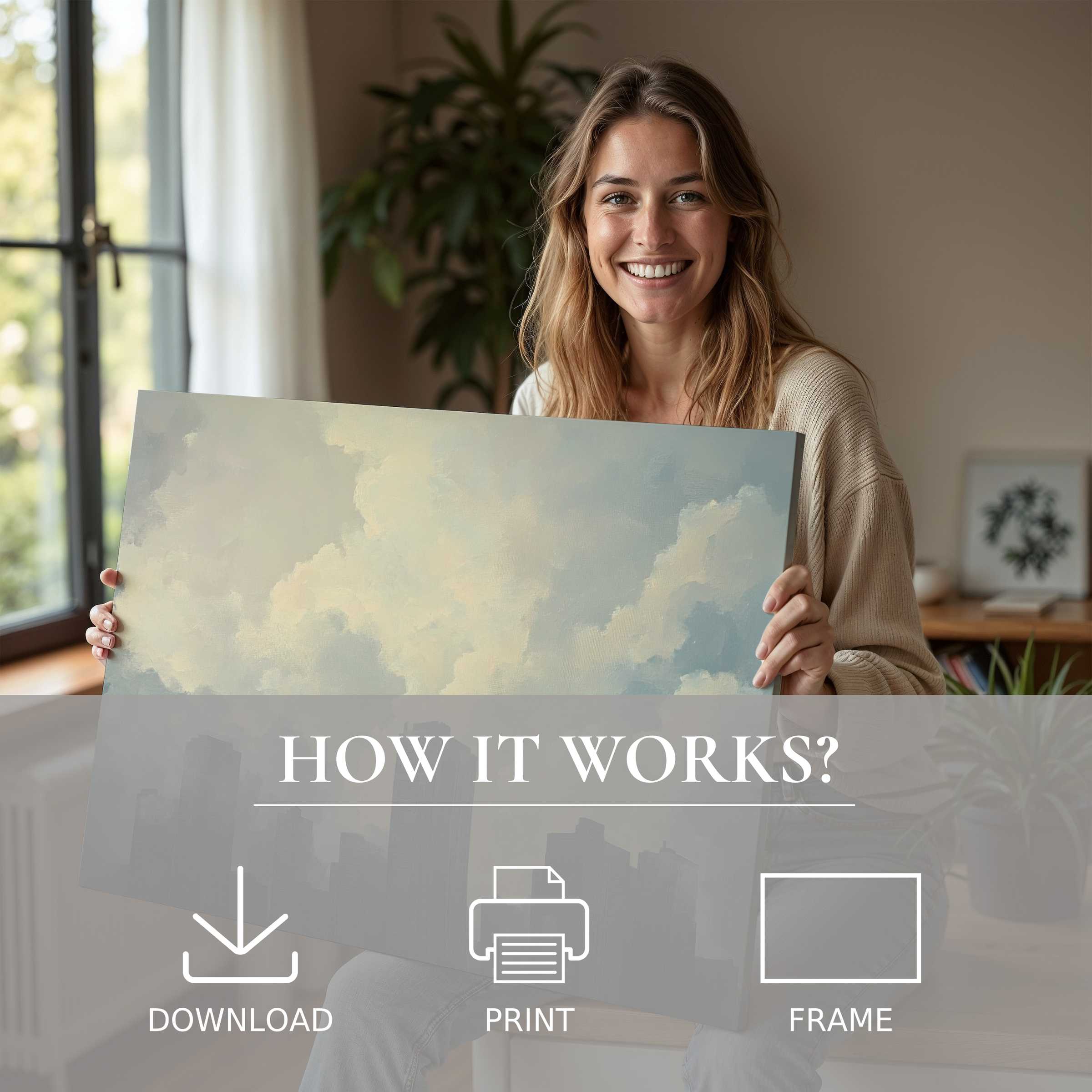 Radiant urban digital art print embraced in a modern home, evoking serene joy and effortless elegance in living with art