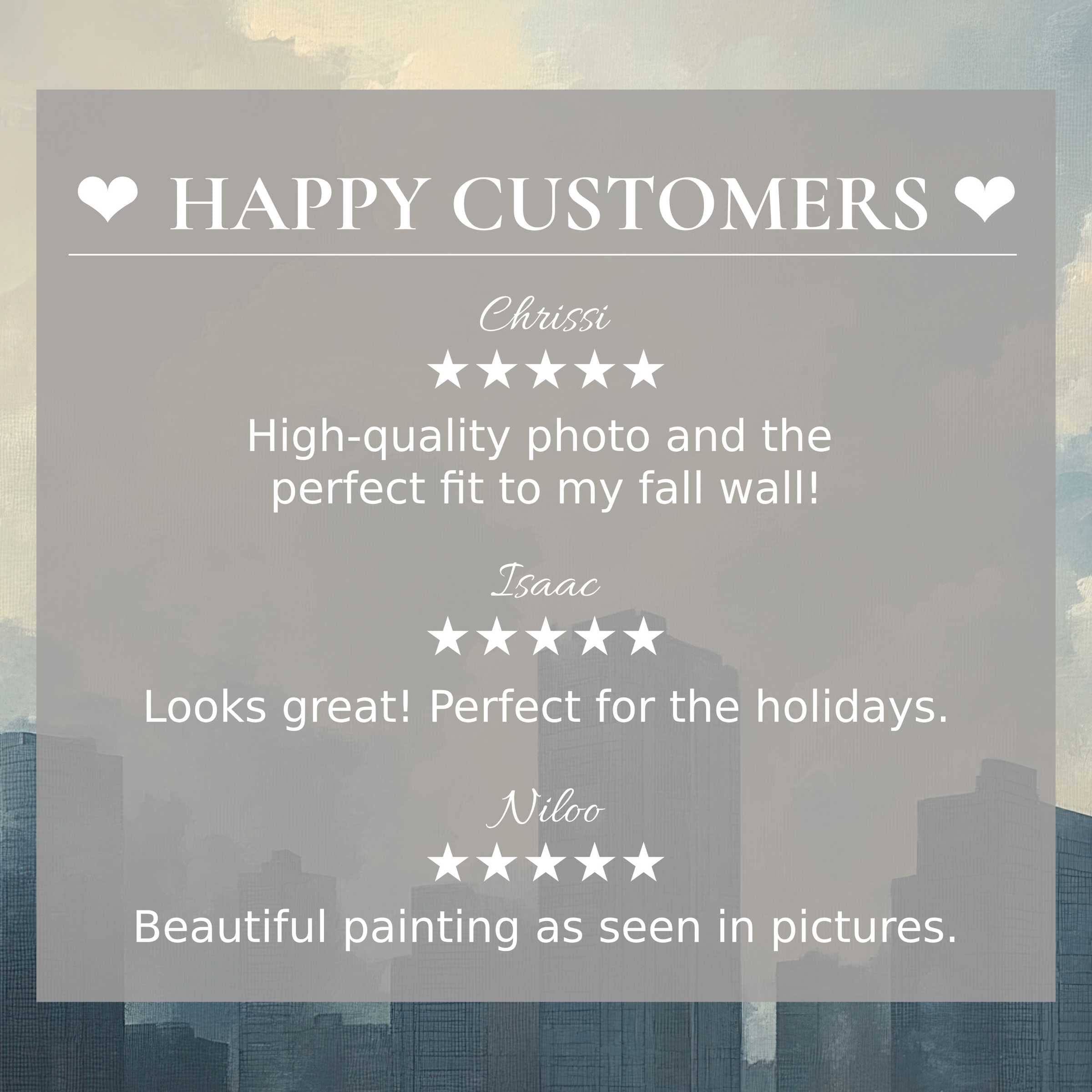 Urban art for Frame TV with muted skyline backdrop; layout inspires trust through happy customer reviews and stylish appeal