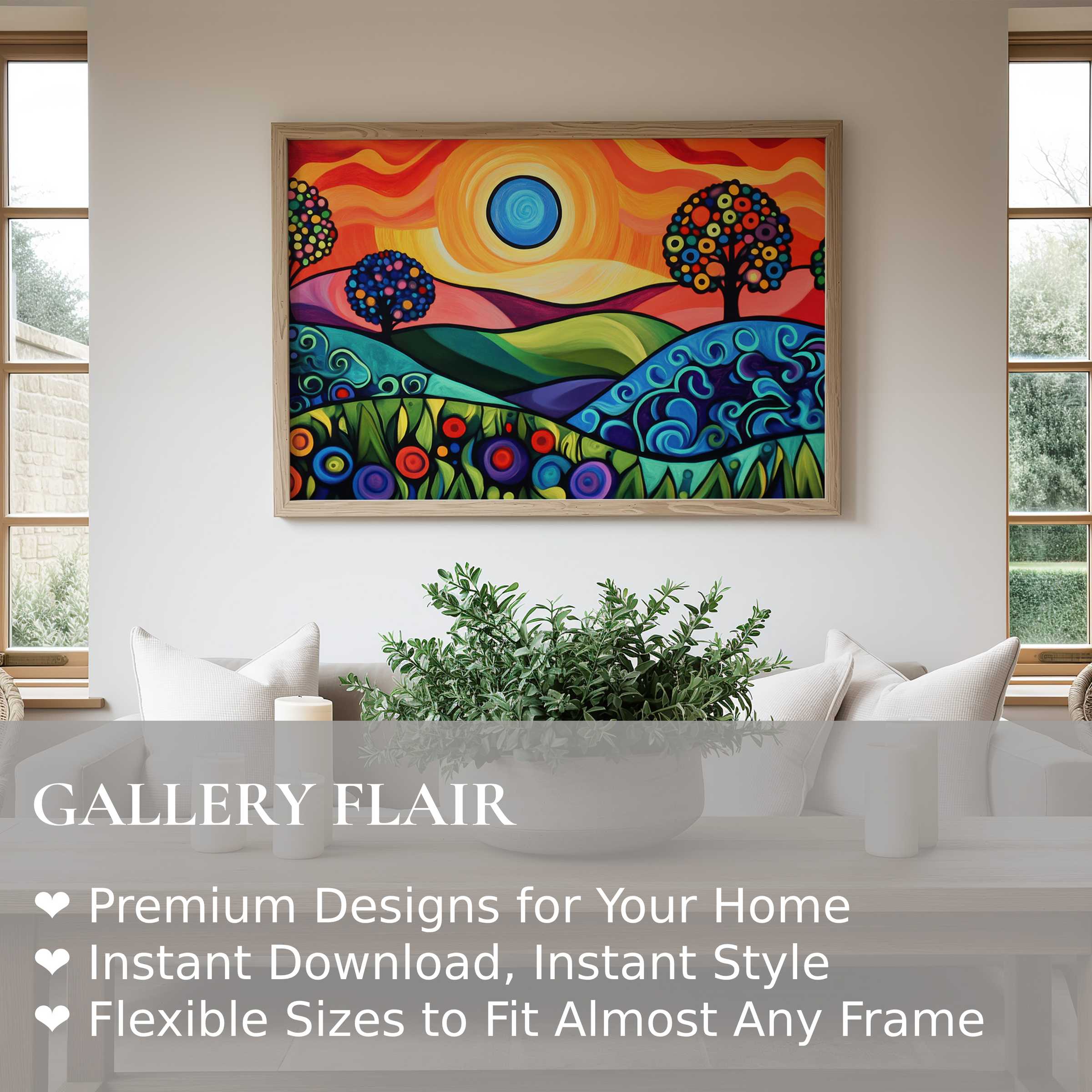 Vibrant pop art wall art print featuring bold, colorful landscapes with swirling patterns, enhancing modern minimalist interiors with lively energy