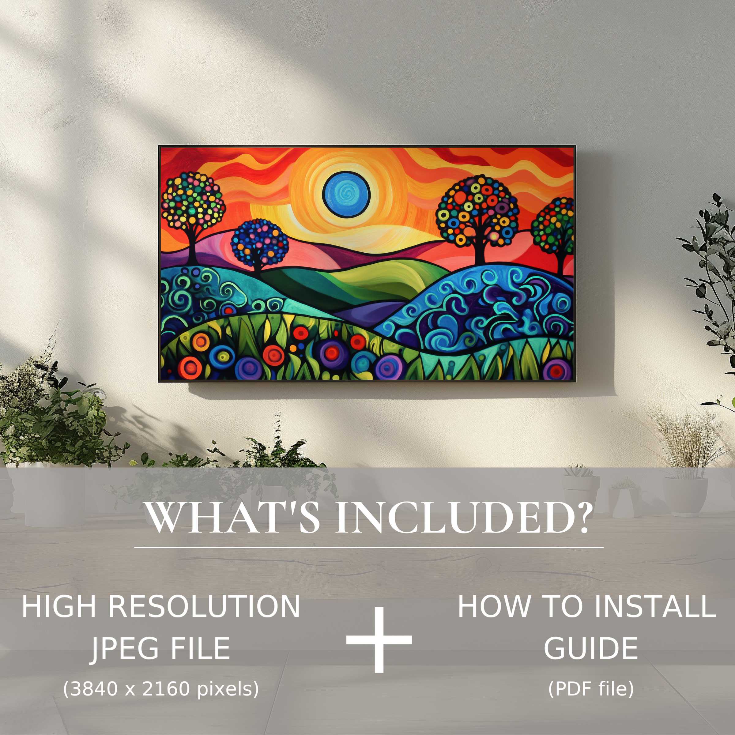 Elegant living room with vibrant pop art digital TV art download, easy to use and elevates any modern space