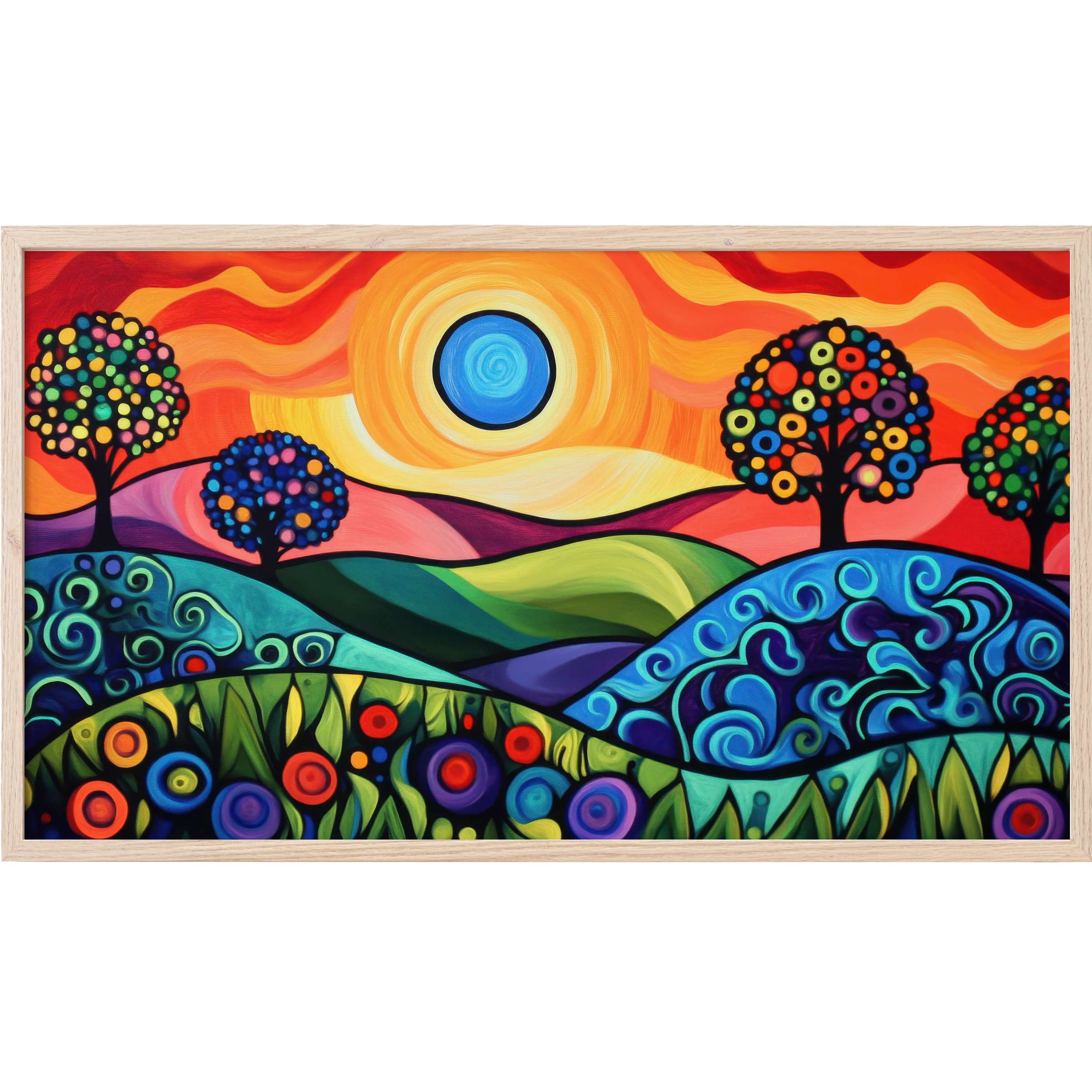 Vibrant pop art Frame TV Art with swirling hills, colorful dotted trees, and a radiant blue sun in warm hues