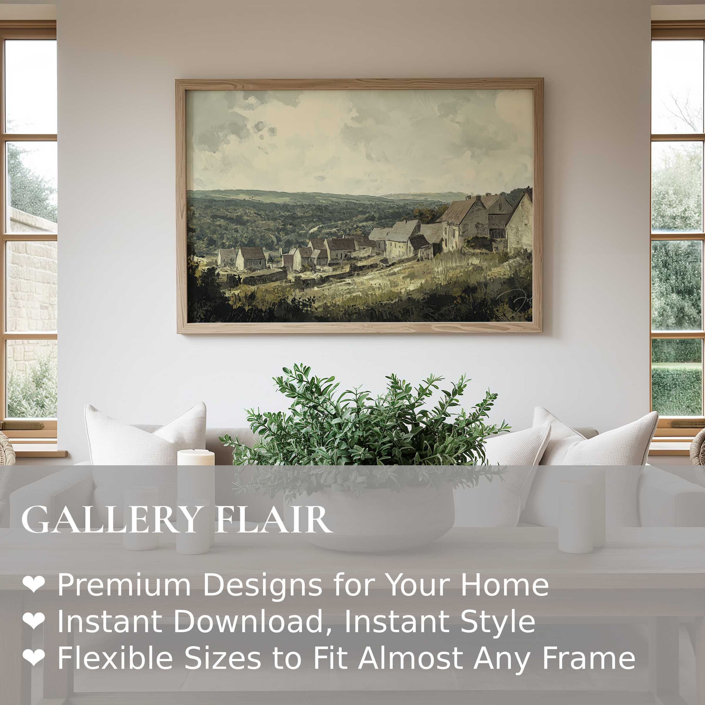 Vintage wall art print of a serene countryside village with muted tones, enhancing calm modern farmhouse interiors with timeless, rustic charm