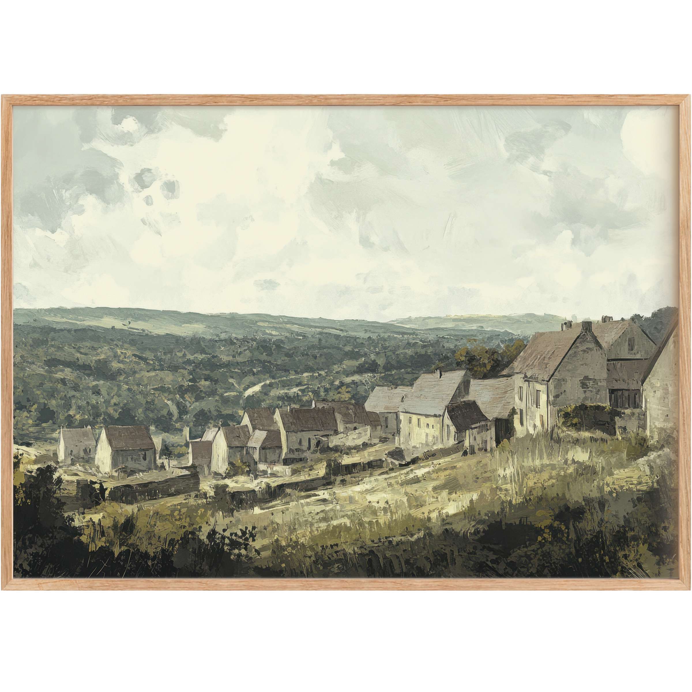 Vintage printable wall art capturing a serene countryside village in muted greens and soft greys, evoking calm and timeless elegance