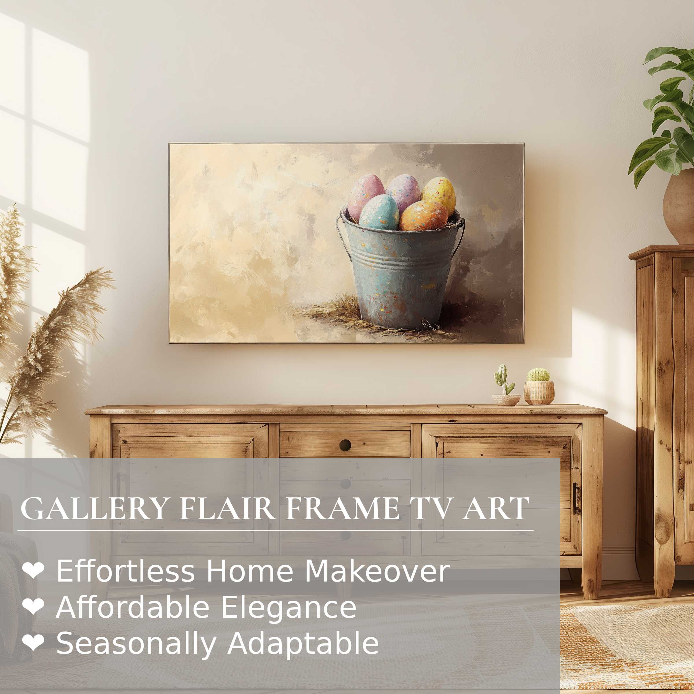 Samsung Frame TV displays elegant easter digital artwork of pastel eggs in a rustic bucket, perfect for refined decor