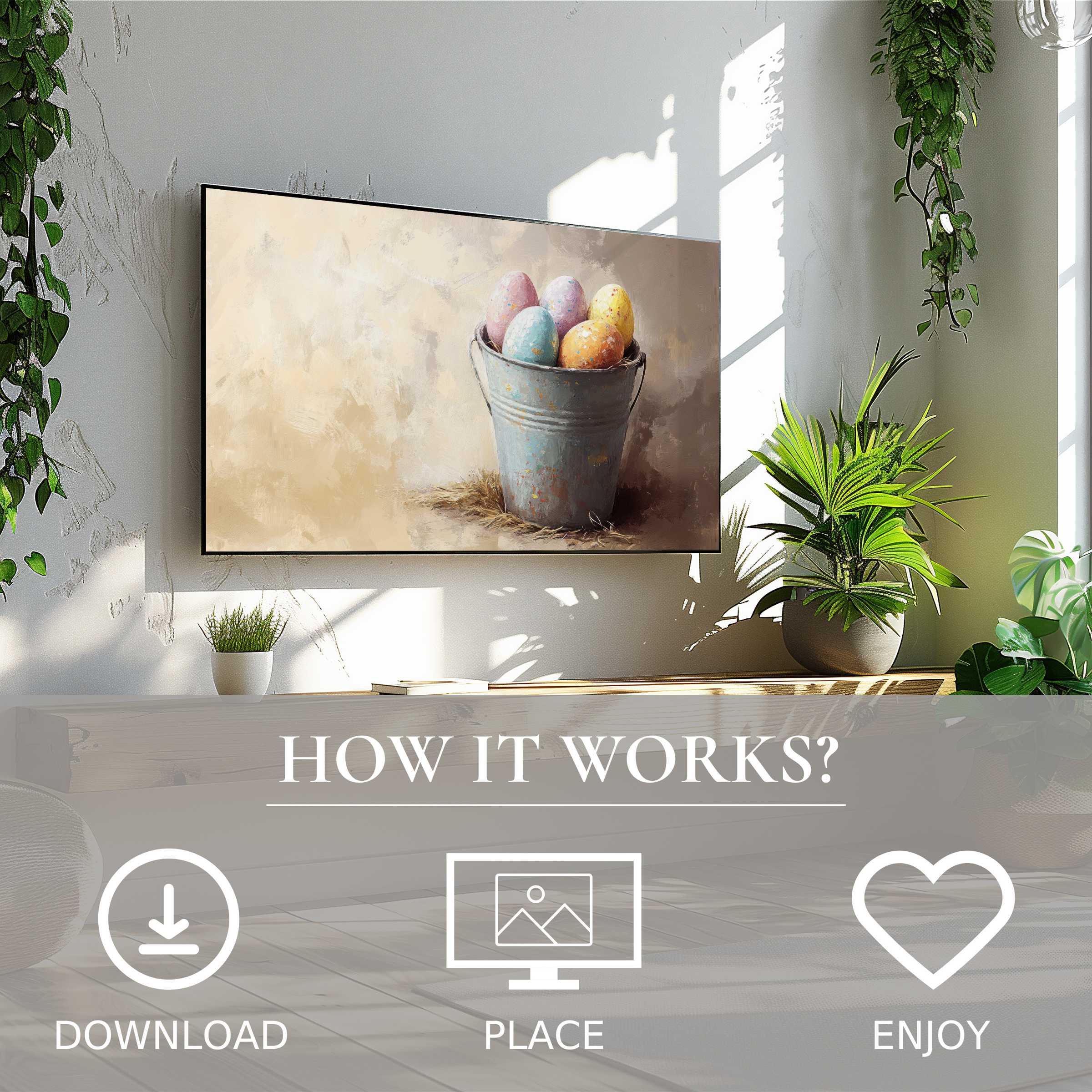 Modern living room with easter art for Samsung TV, soft pastel eggs in bucket; easy digital download enriches space