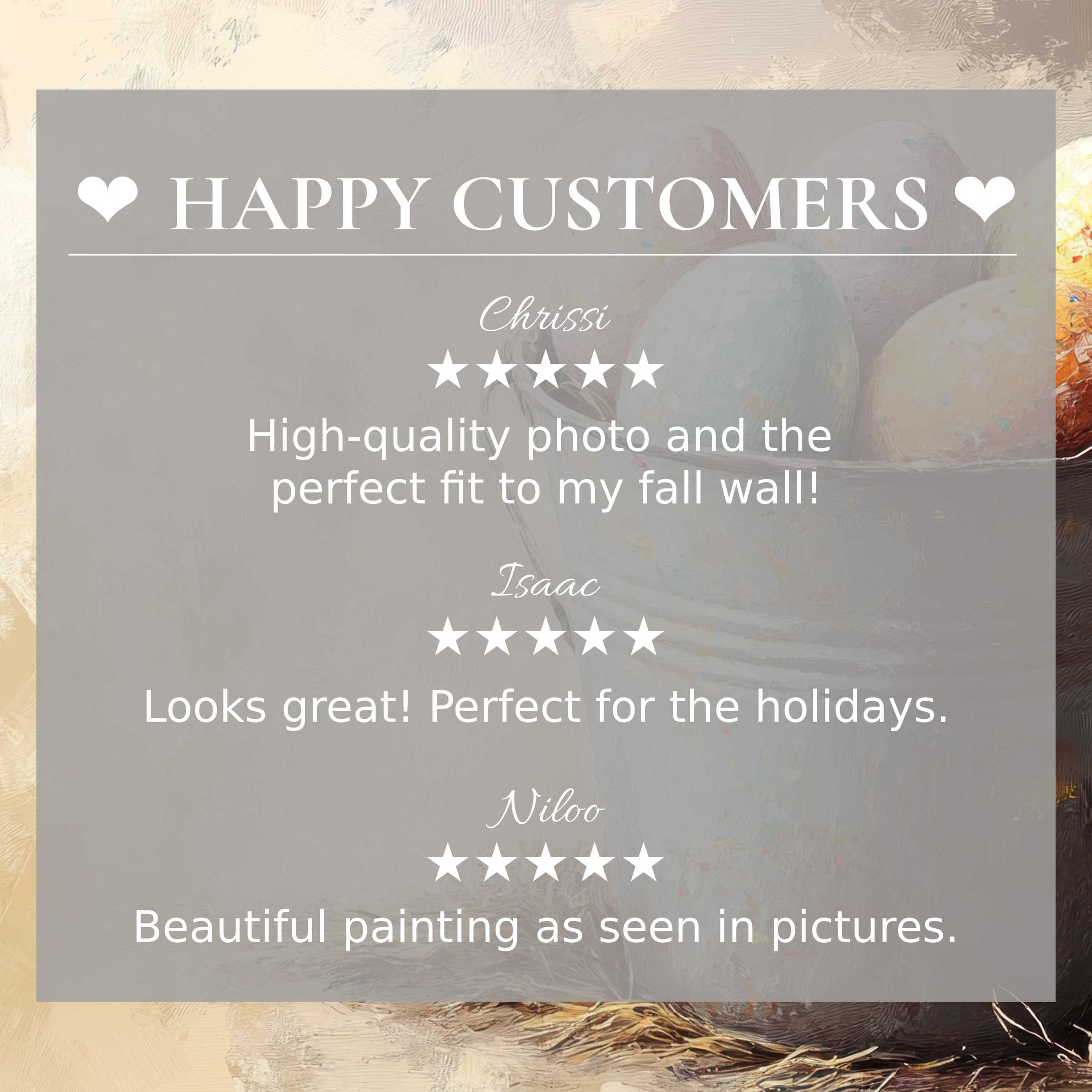Refined easter art for Frame TV with soft pastel eggs backdrop, showcasing happy customer reviews and elegant design trust