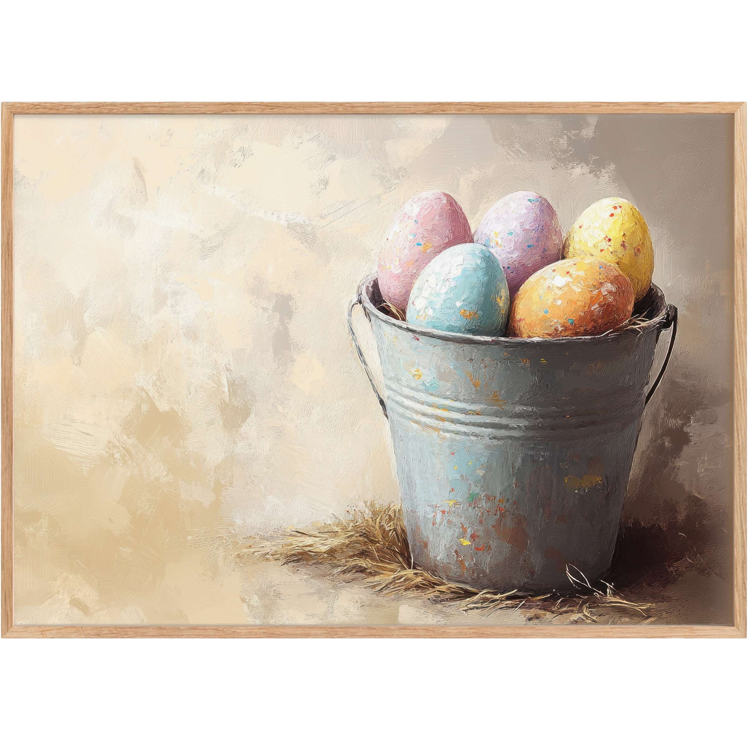 Easter printable wall art featuring pastel eggs in rustic bucket, evoking warm, serene charm with soft beige and muted tones