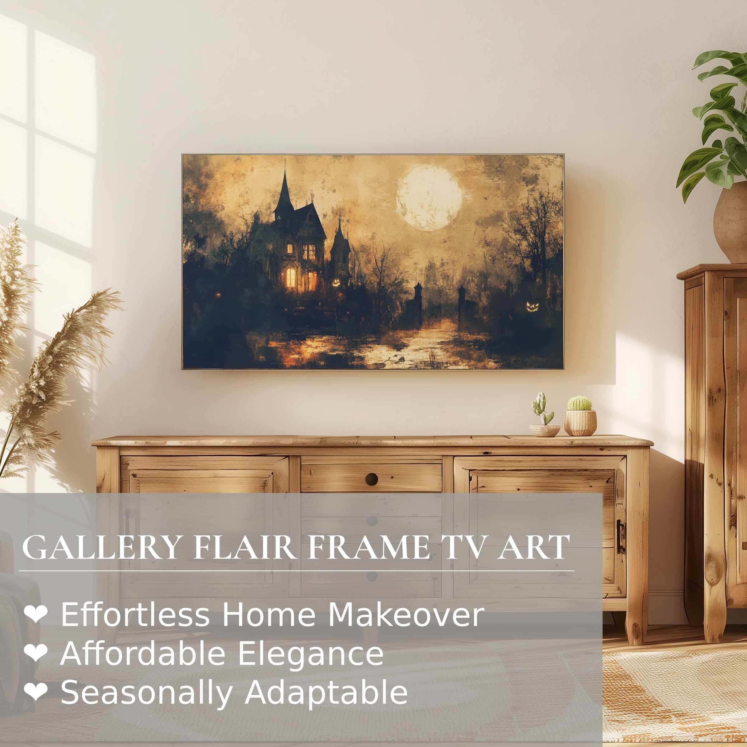 Samsung Frame TV displaying moody, atmospheric halloween digital artwork in a refined, modern living space