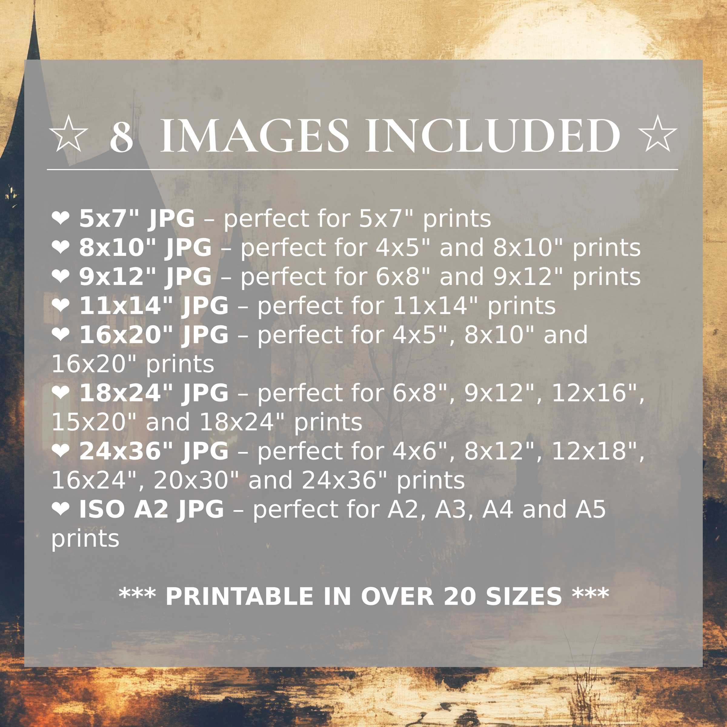 Halloween digital print exudes moody gold and deep charcoal tones, offering 8 high-quality sizes included for versatile, elegant modern interiors