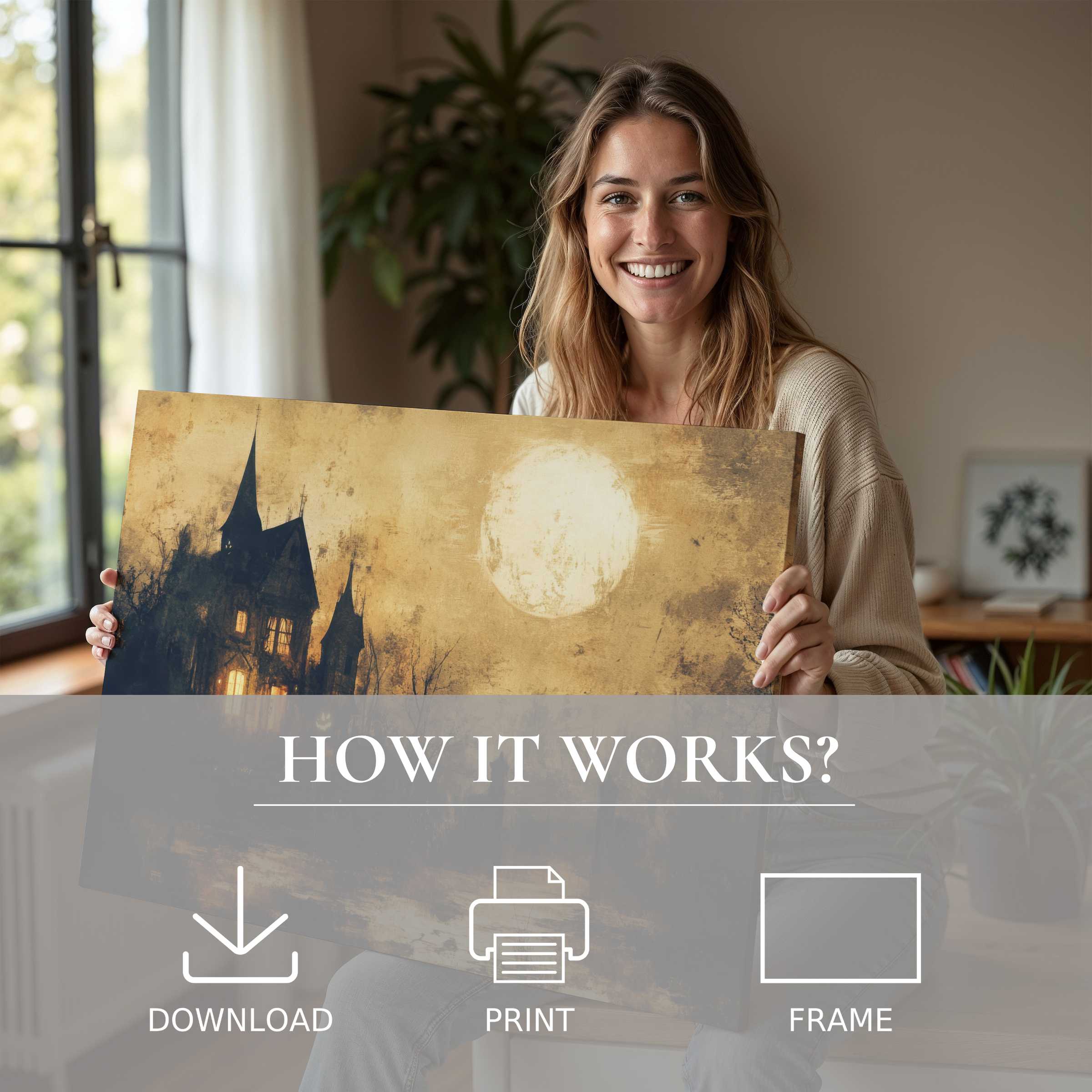 A serene moment of joy revealing a warm-toned halloween digital art print in a stylish, light-filled modern home