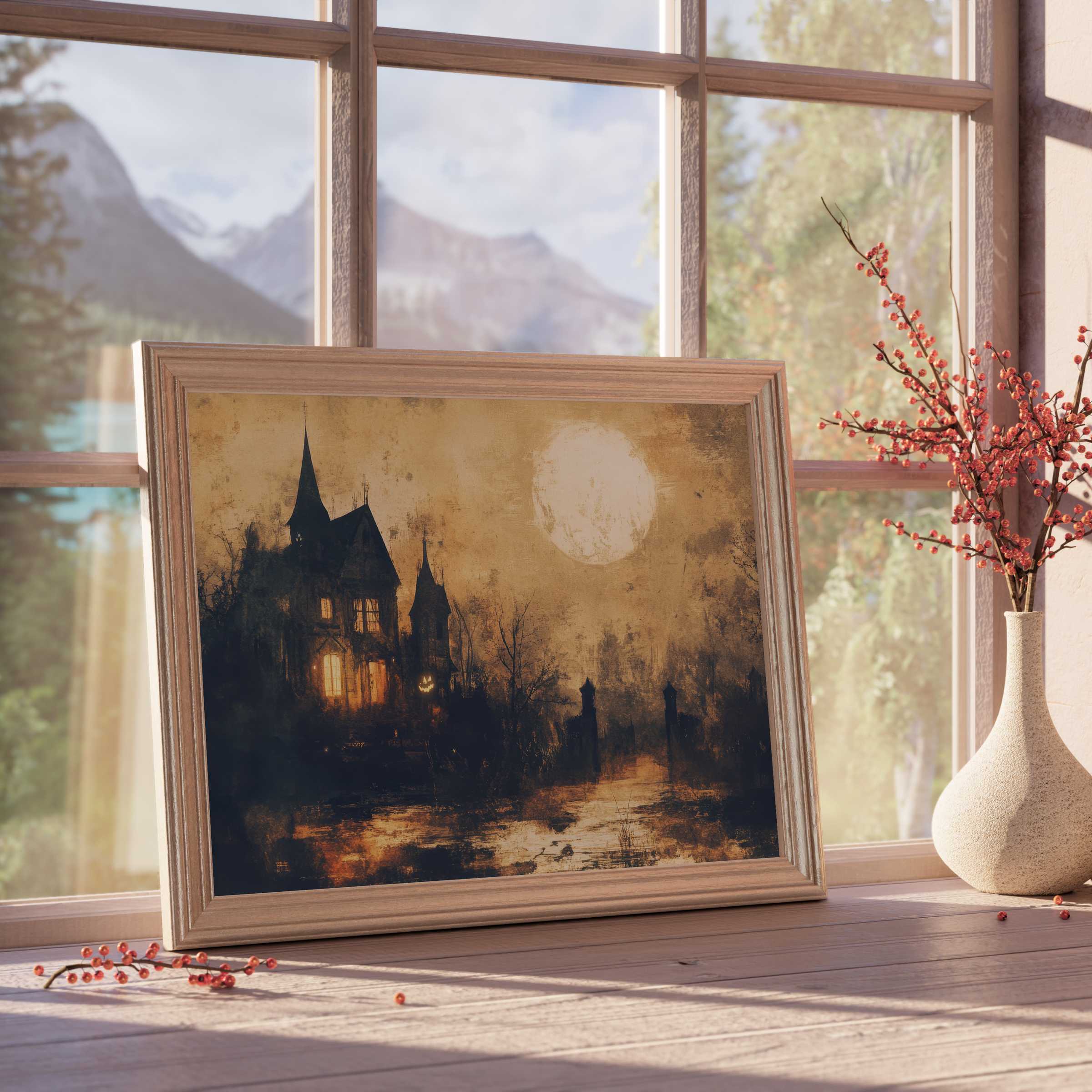 Halloween downloadable art radiates mysterious charm in this hauntingly elegant haunted mansion scene, framed to elevate serene, design-forward spaces with warm, moody ambiance and curated seasonal allure