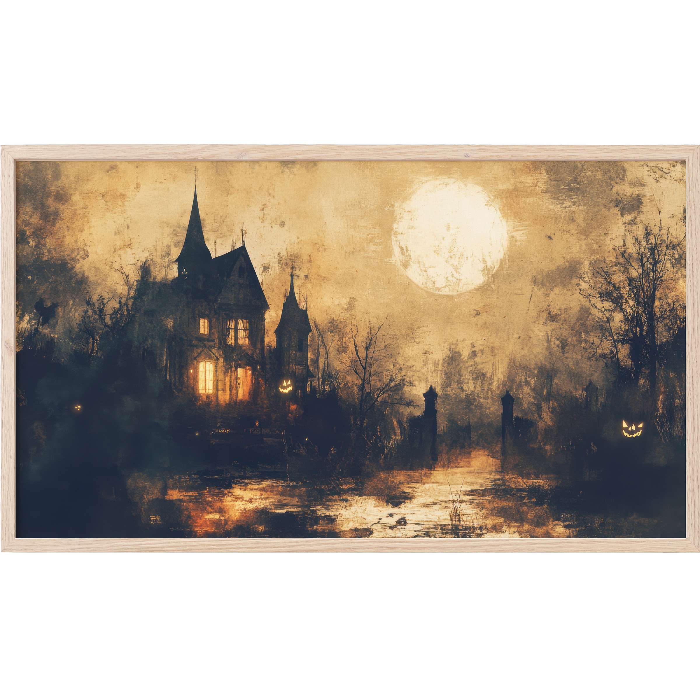 Eerie haunted mansion under a glowing full moon in muted golds and deep shadows, halloween Frame TV Art