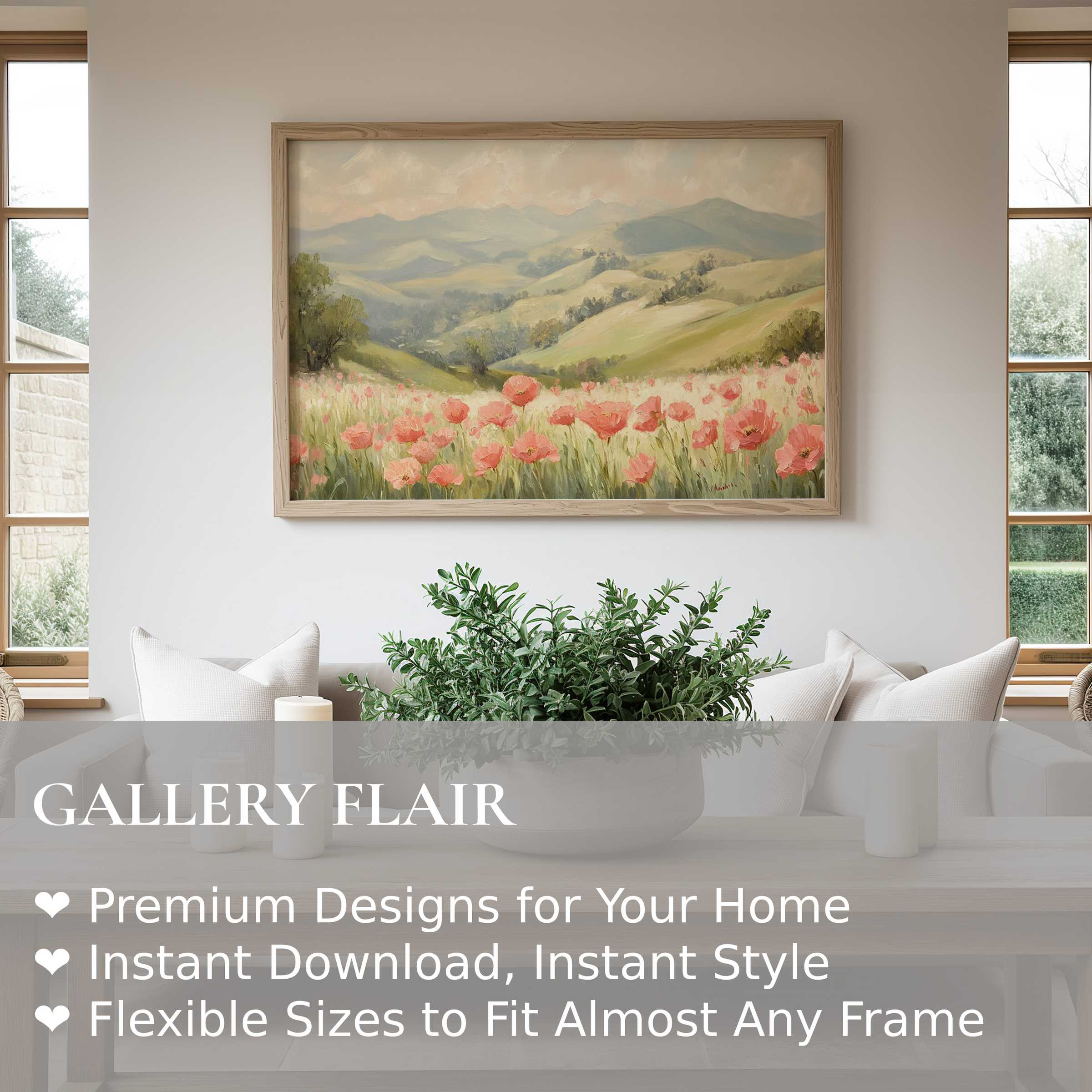 Spring wall art print showcasing radiant poppies and rolling hills in soft, calming tones Enhances modern, serene interiors with natural elegance and fresh seasonal charm Ideal for style-conscious decor lovers seeking tranquil floral landscape art