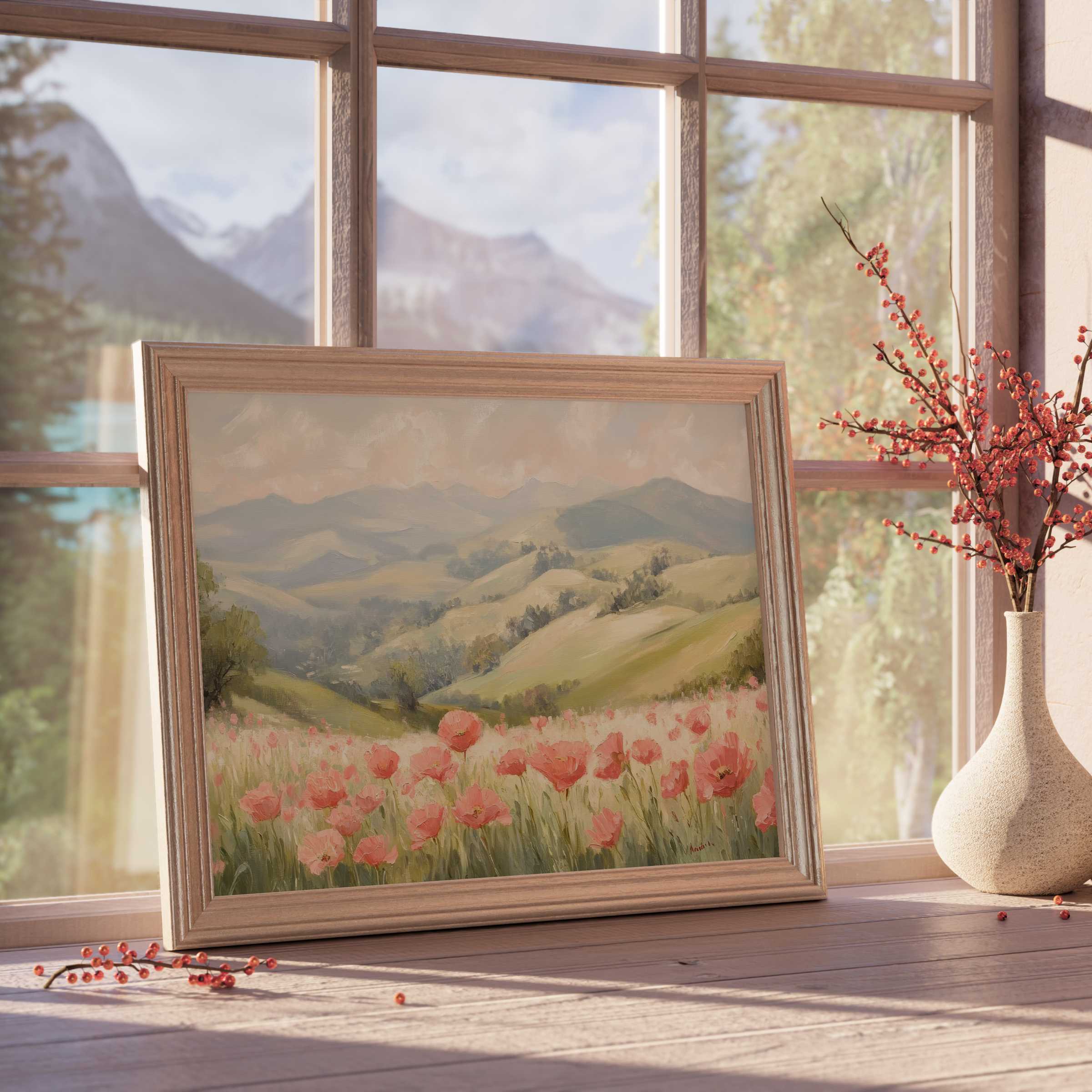 Spring downloadable art capturing serene blooming meadows and soft rolling hills, elevating tranquil, design-forward interiors with warm, natural elegance