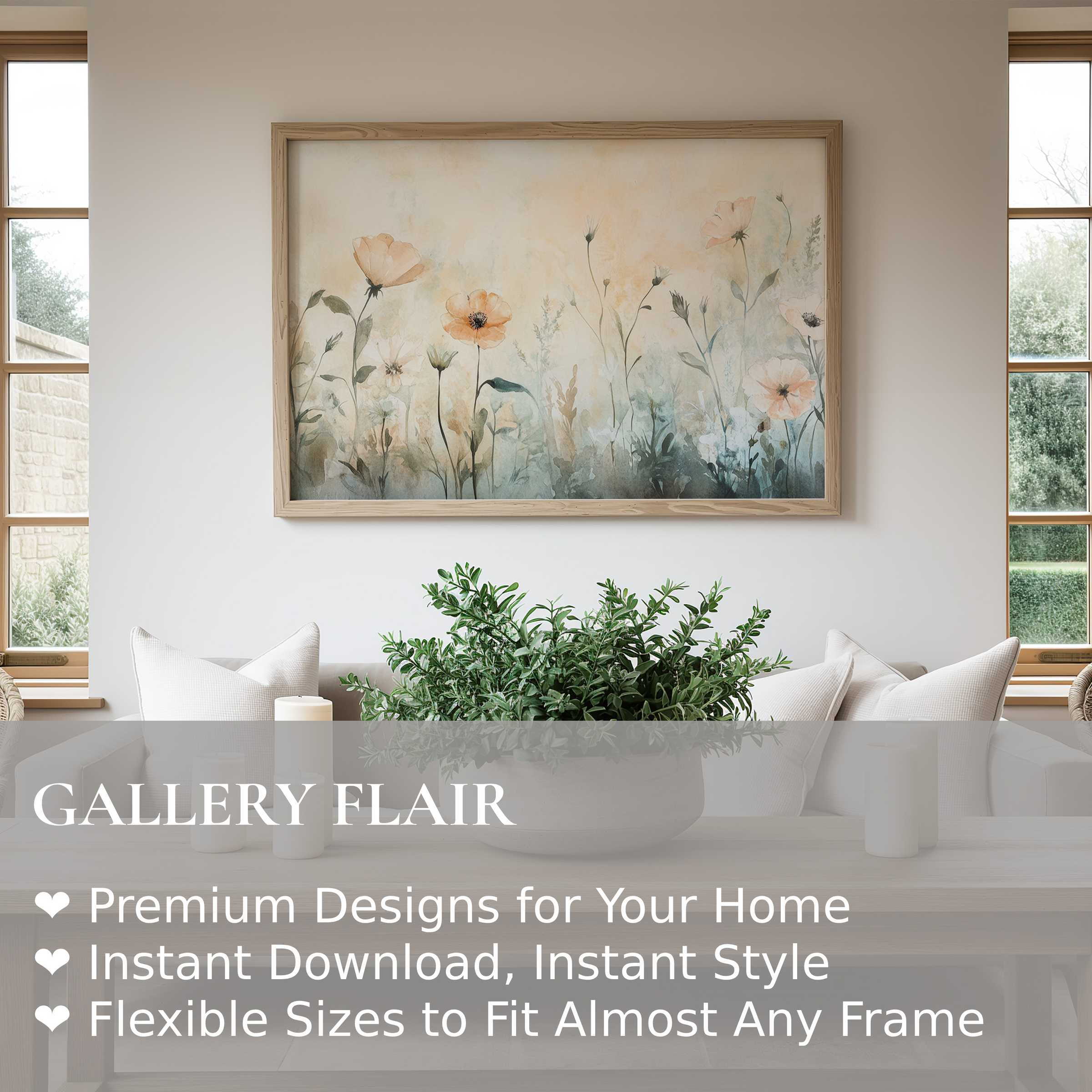 Ethereal floral wall art print with soft peach blooms and muted greenery, elevating serene modern interiors with botanical charm