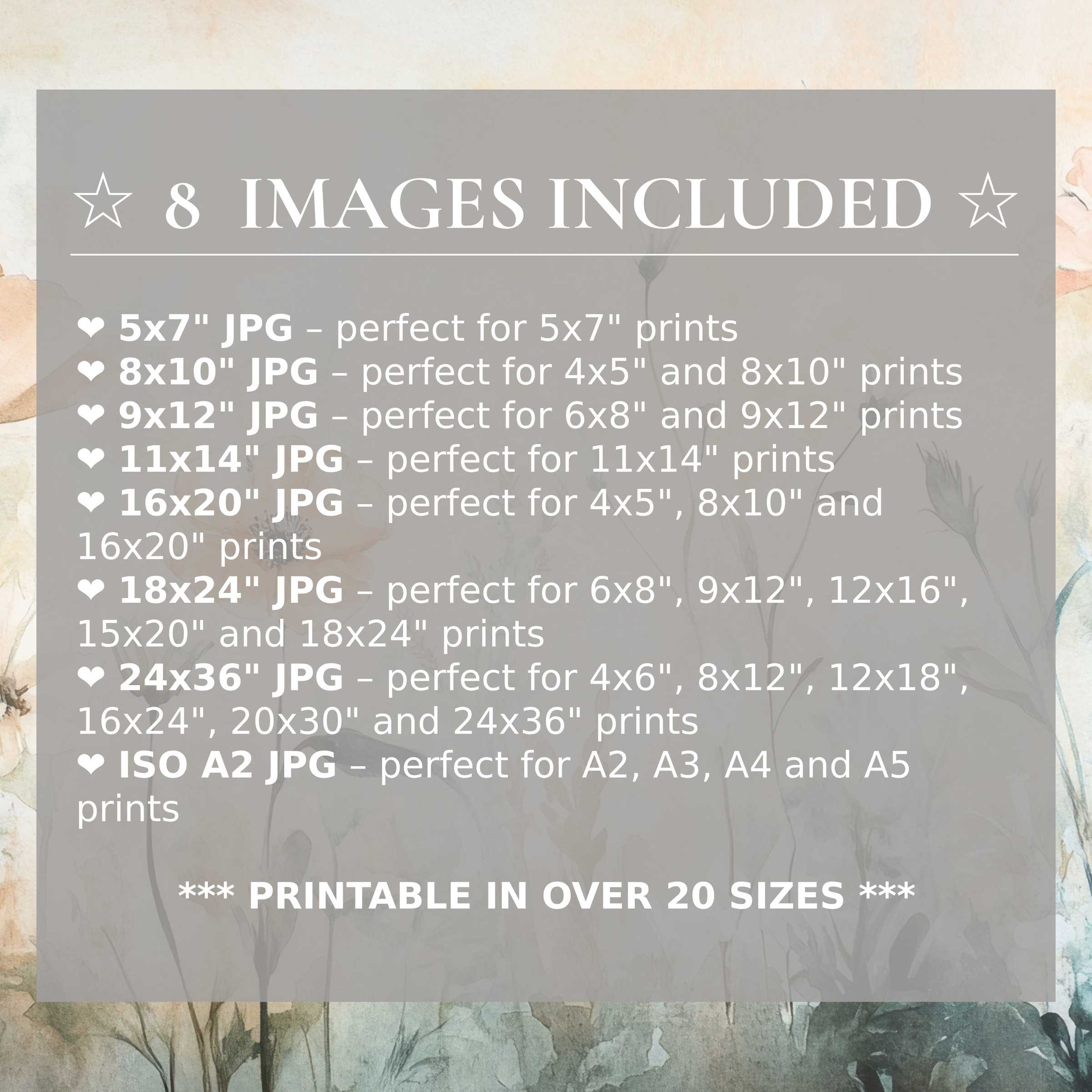 Floral digital print in soft pastels and muted greens radiates calm elegance; includes 8 high-quality sizes for versatile, modern interiors