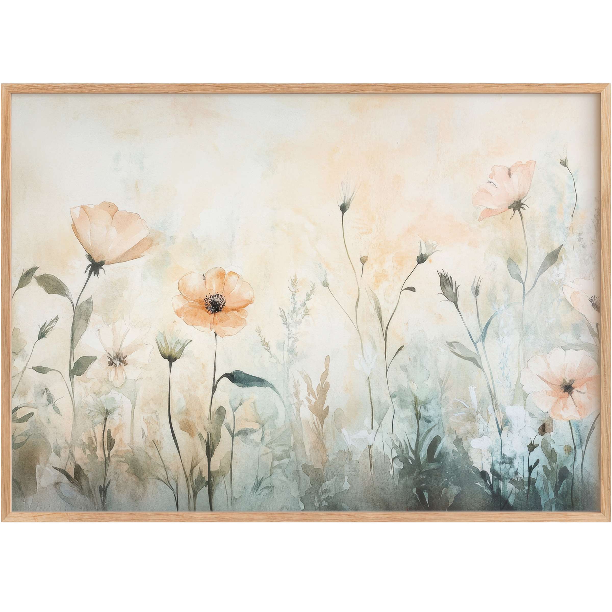 Delicate floral printable wall art in soft peach and muted green hues, evoking a serene and ethereal ambiance for elegant interiors