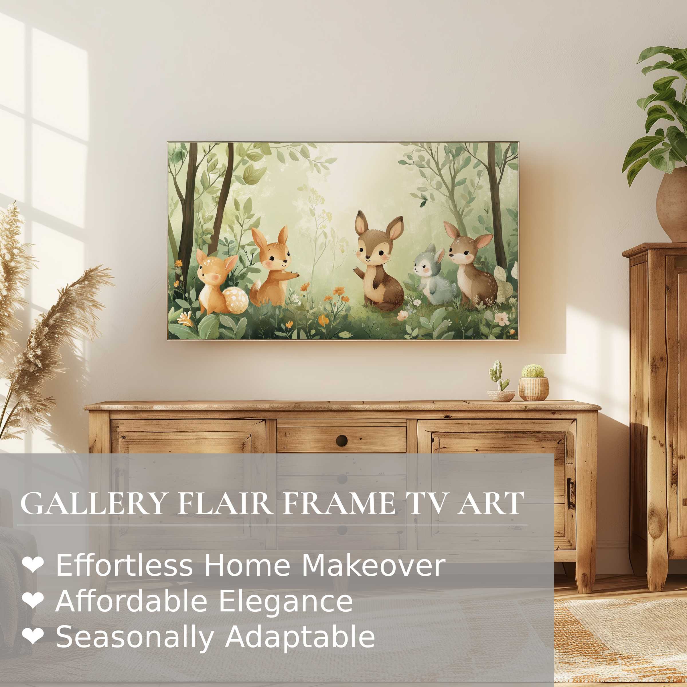 Samsung Frame TV displays nursery digital artwork with soft woodland creatures in a serene, modern home setting
