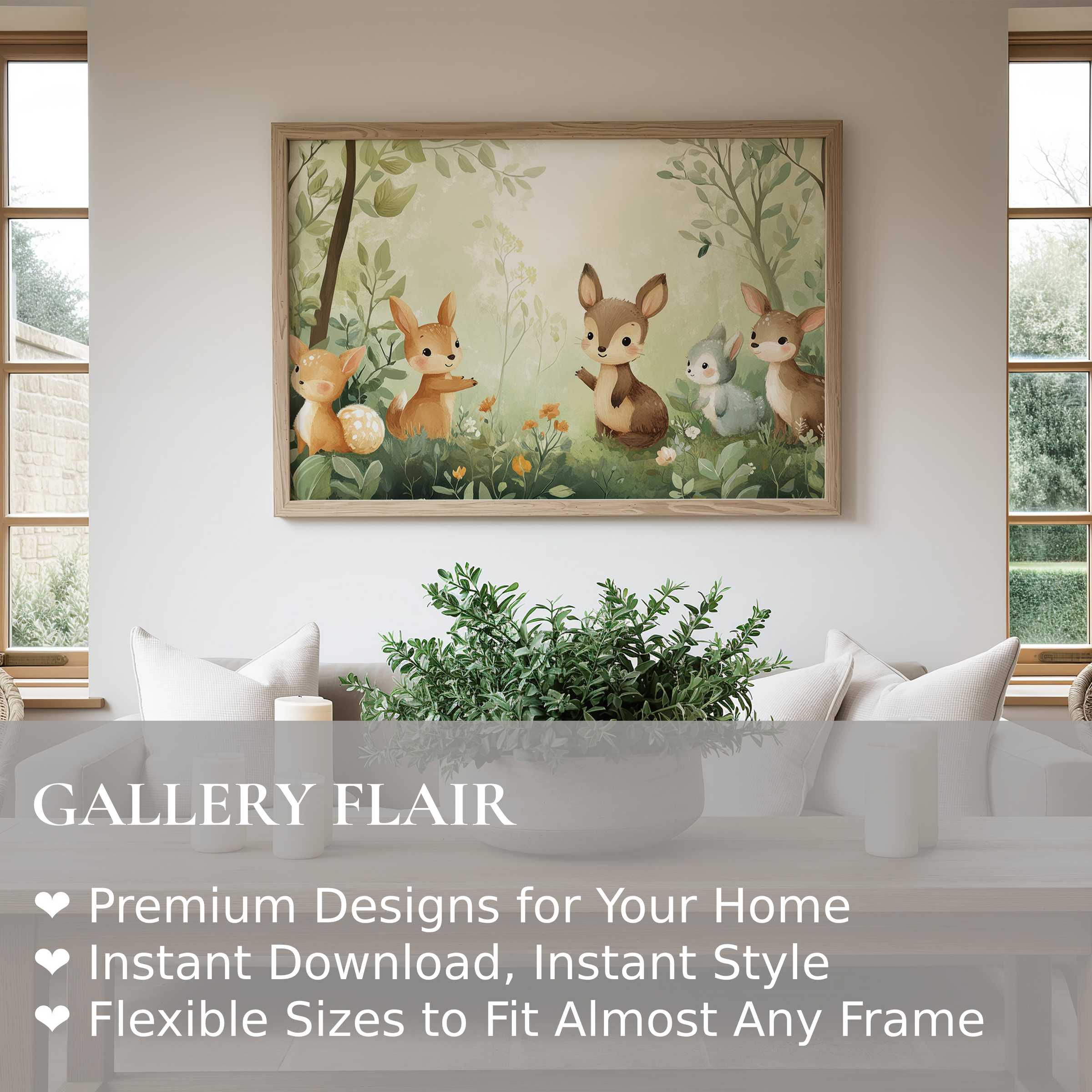 Nursery wall art print featuring soft, whimsical woodland animals in a serene, modern nursery setting, adding warmth and charm
