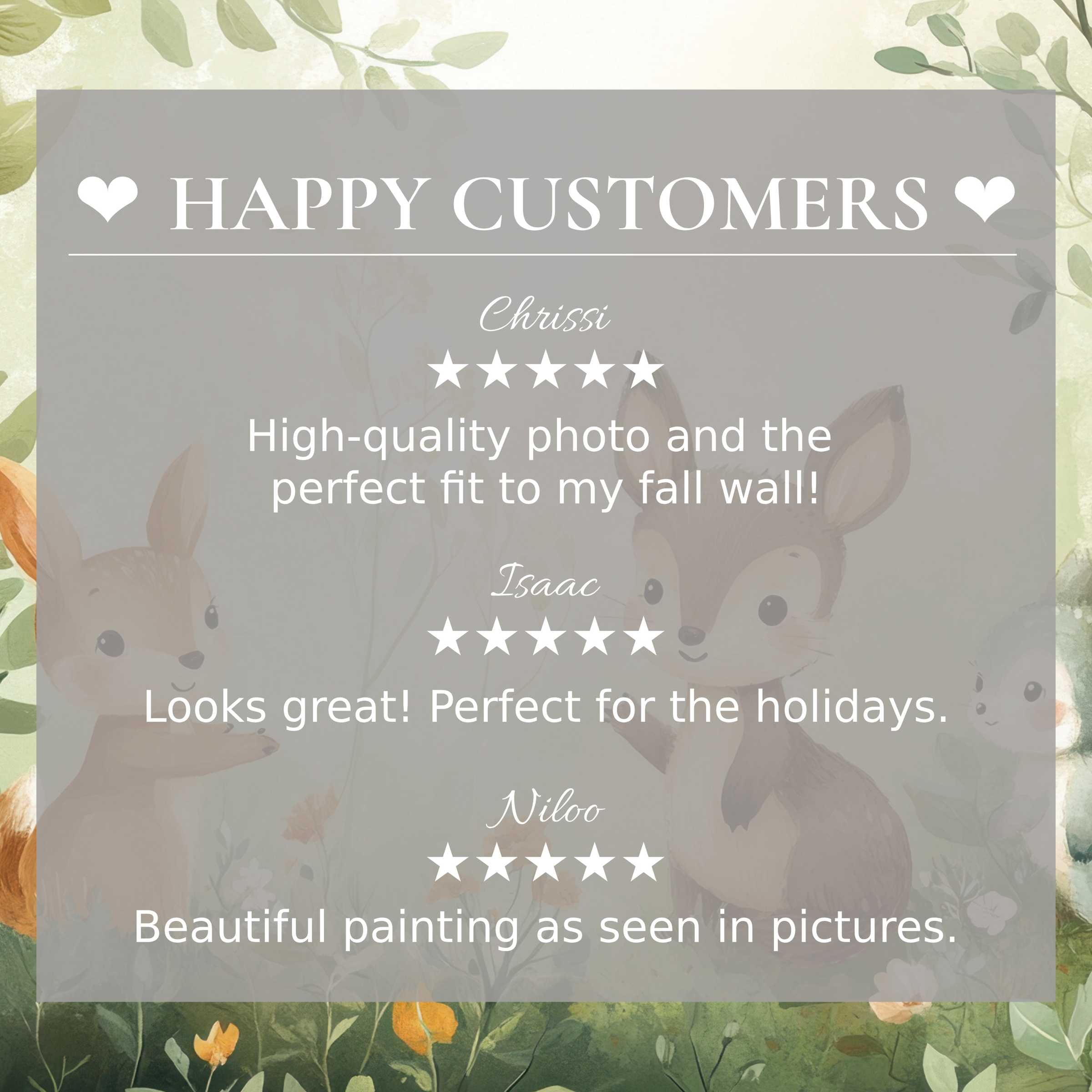 Nursery art for Frame TV with soft woodland motifs and happy customer reviews highlighting elegant, trusted design
