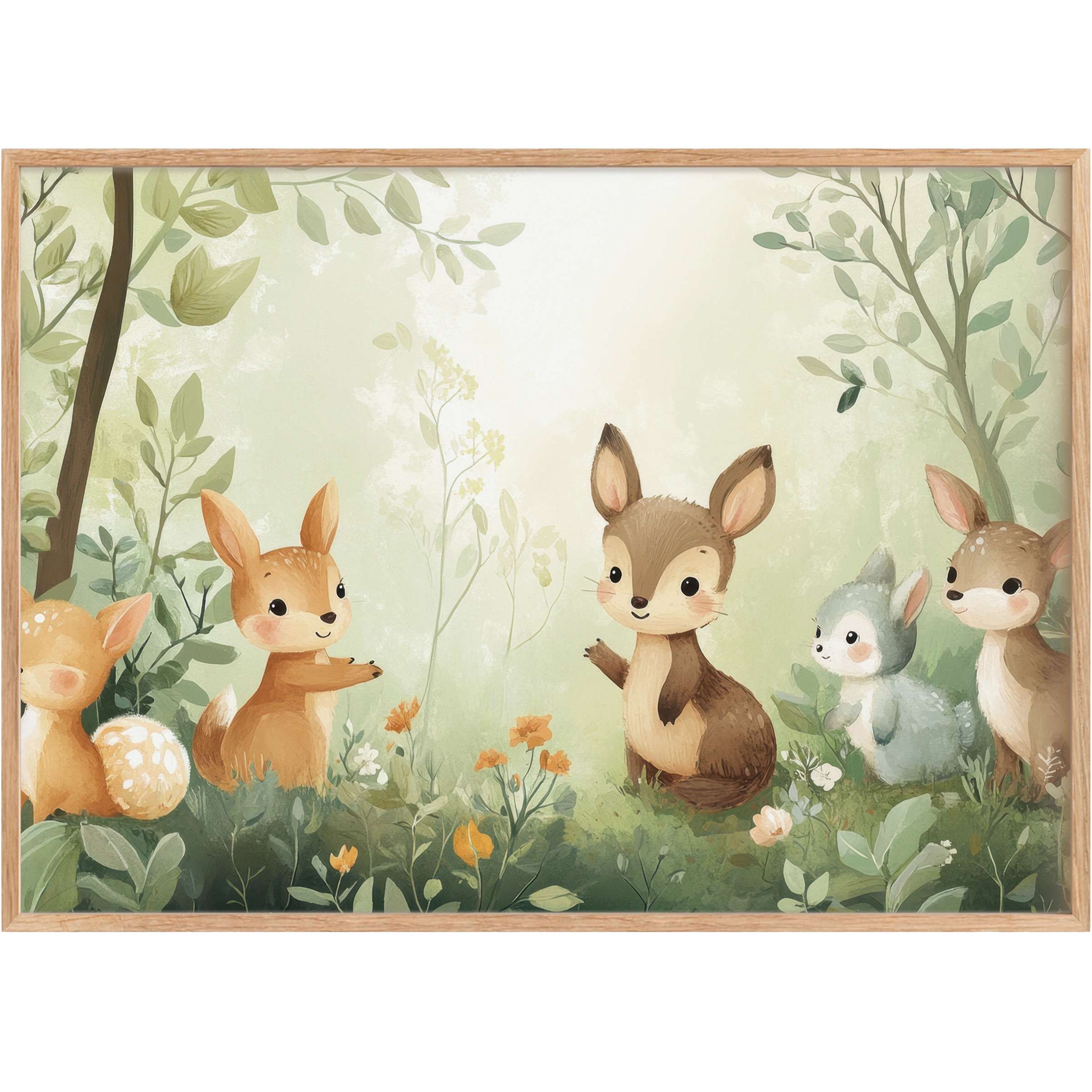 Whimsical nursery printable wall art featuring gentle woodland creatures in soft greens and warm earth tones, evoking calm and wonder