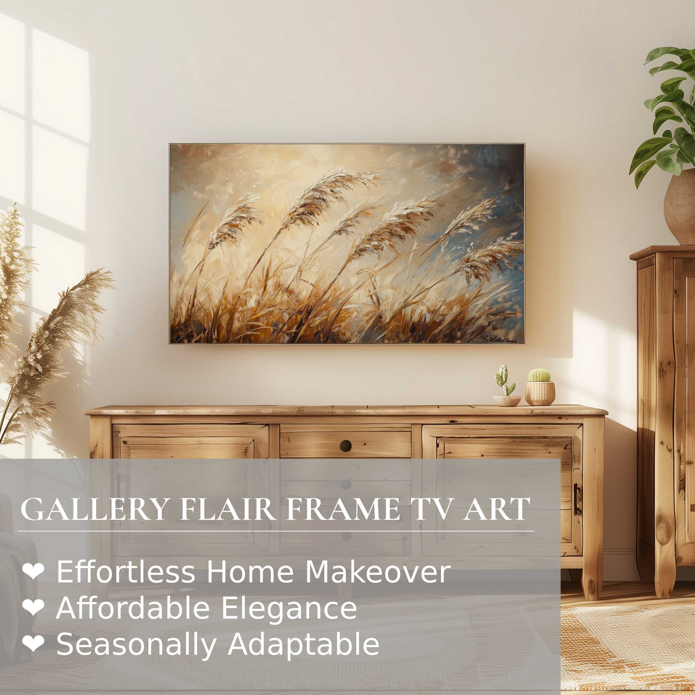 Samsung Frame TV showcasing warm, botanical digital artwork in a serene, modern natural wood setting