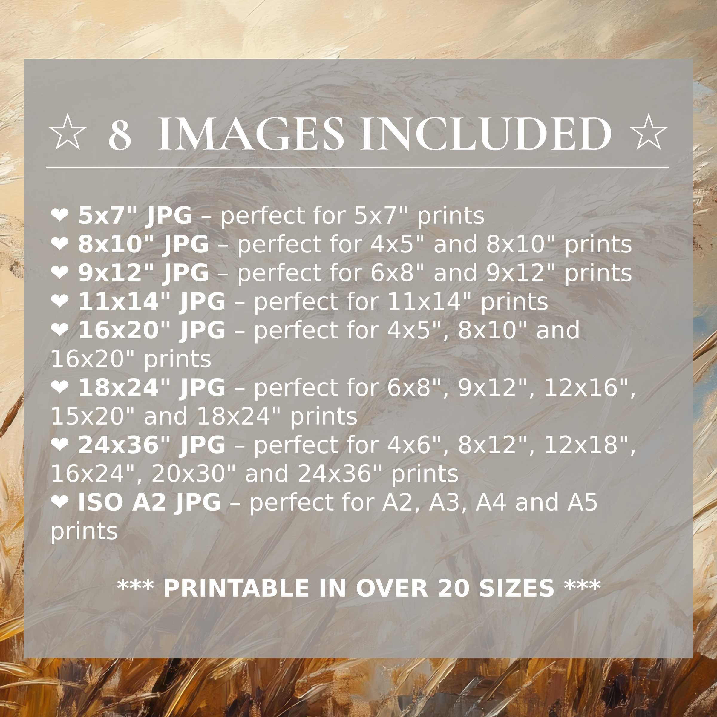 Botanical digital print radiating warm amber and soft neutral tones, offering calming elegance in 8 included high-quality sizes to elevate modern interiors with versatile, refined style