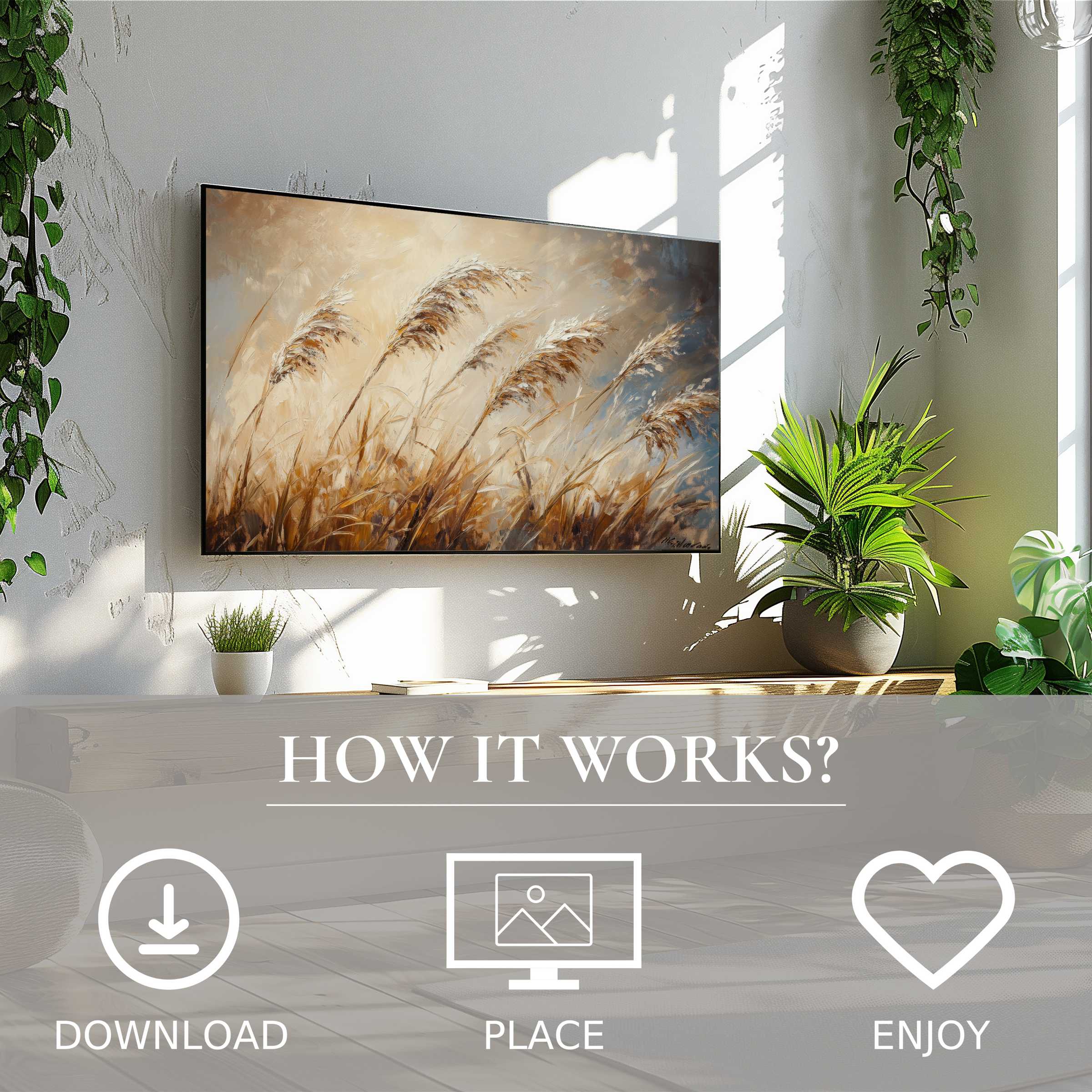 Botanical art for Samsung TV shows soft sunset tones and grasses, easy digital download enriches modern living spaces