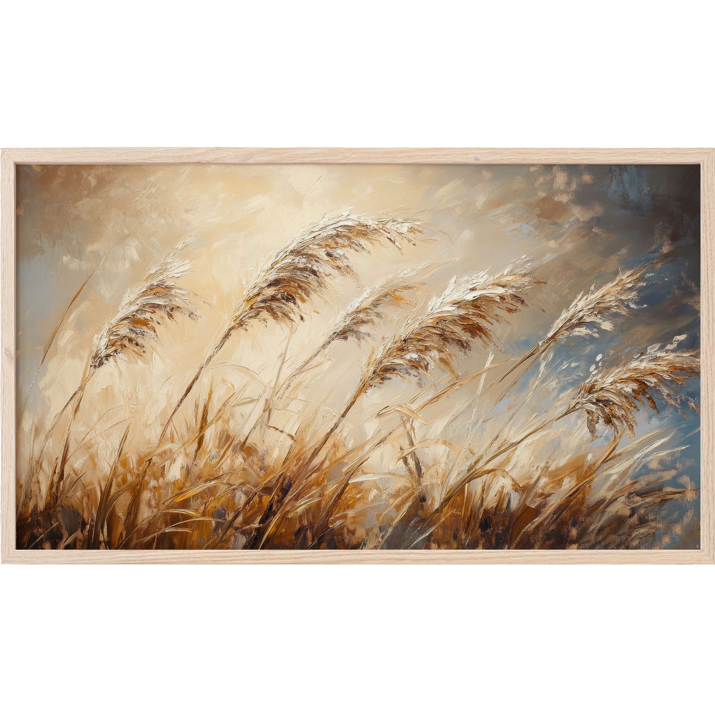 Soft golden hues and textured brushstrokes depict swaying pampas grass in this botanical Frame TV Art