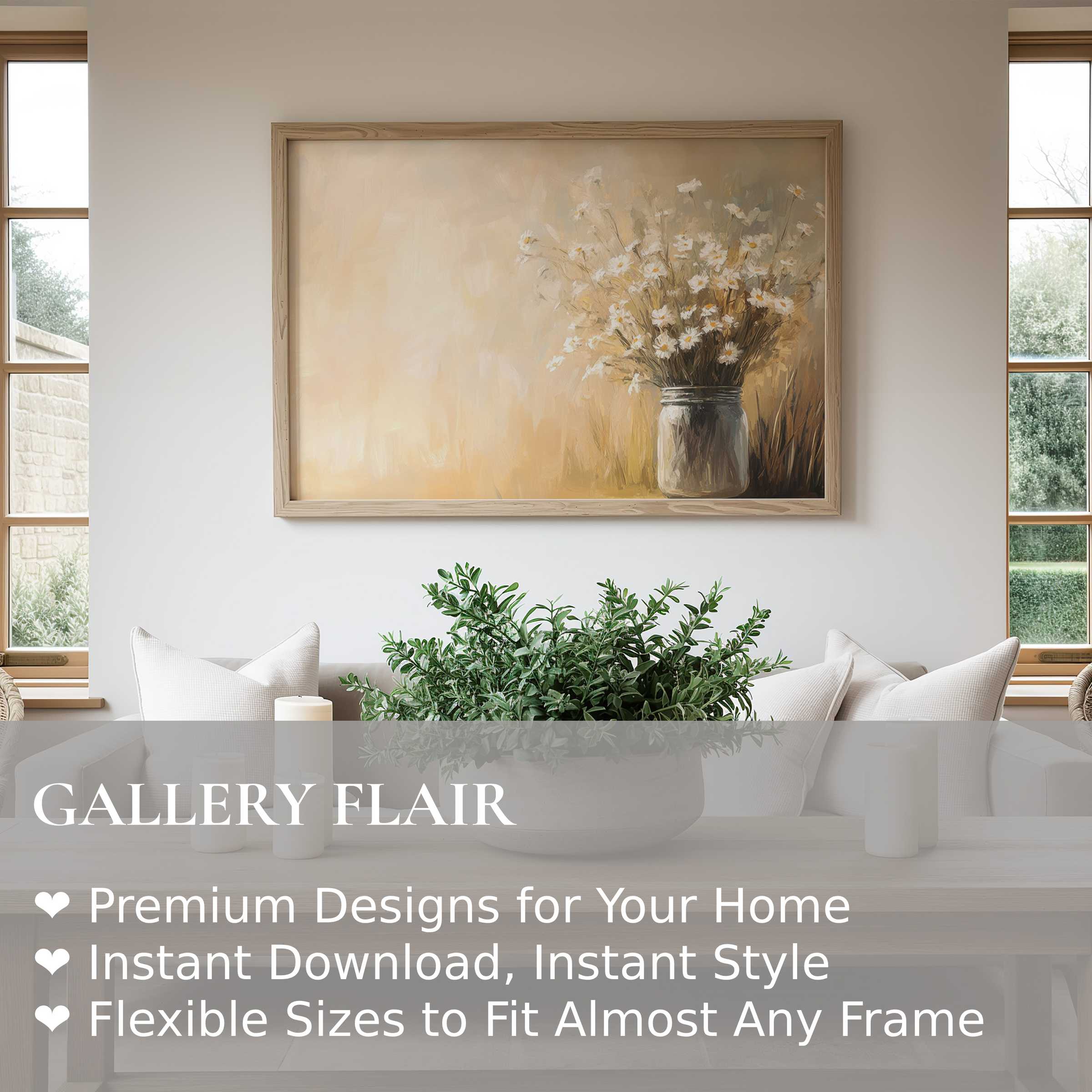 Farmhouse wall art print featuring soft daisies in a rustic jar, enhancing serene modern farmhouse interiors with natural warmth and charm