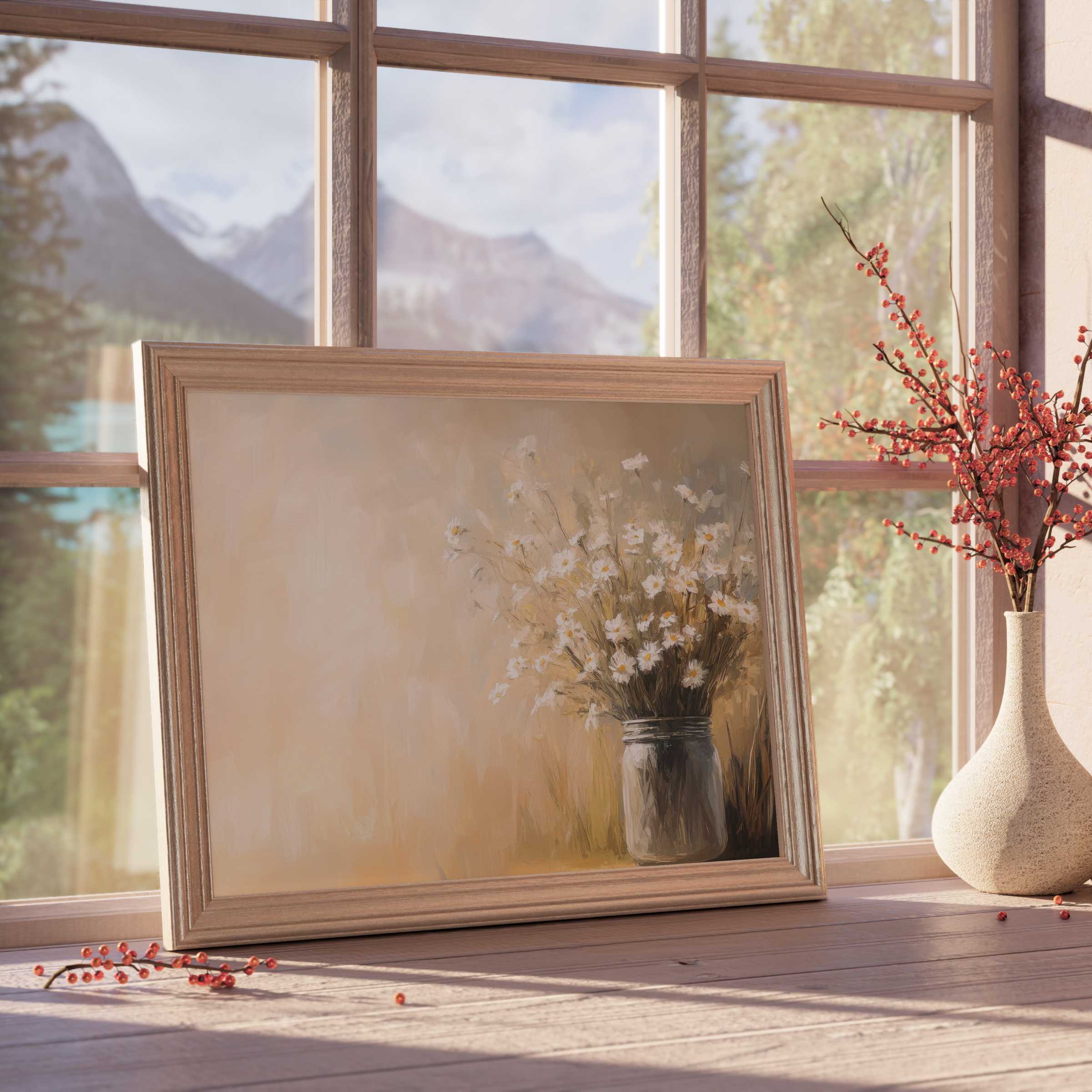 Farmhouse downloadable art featuring delicate wildflowers in a soft mason jar, infusing tranquil, curated interiors with warm rustic charm